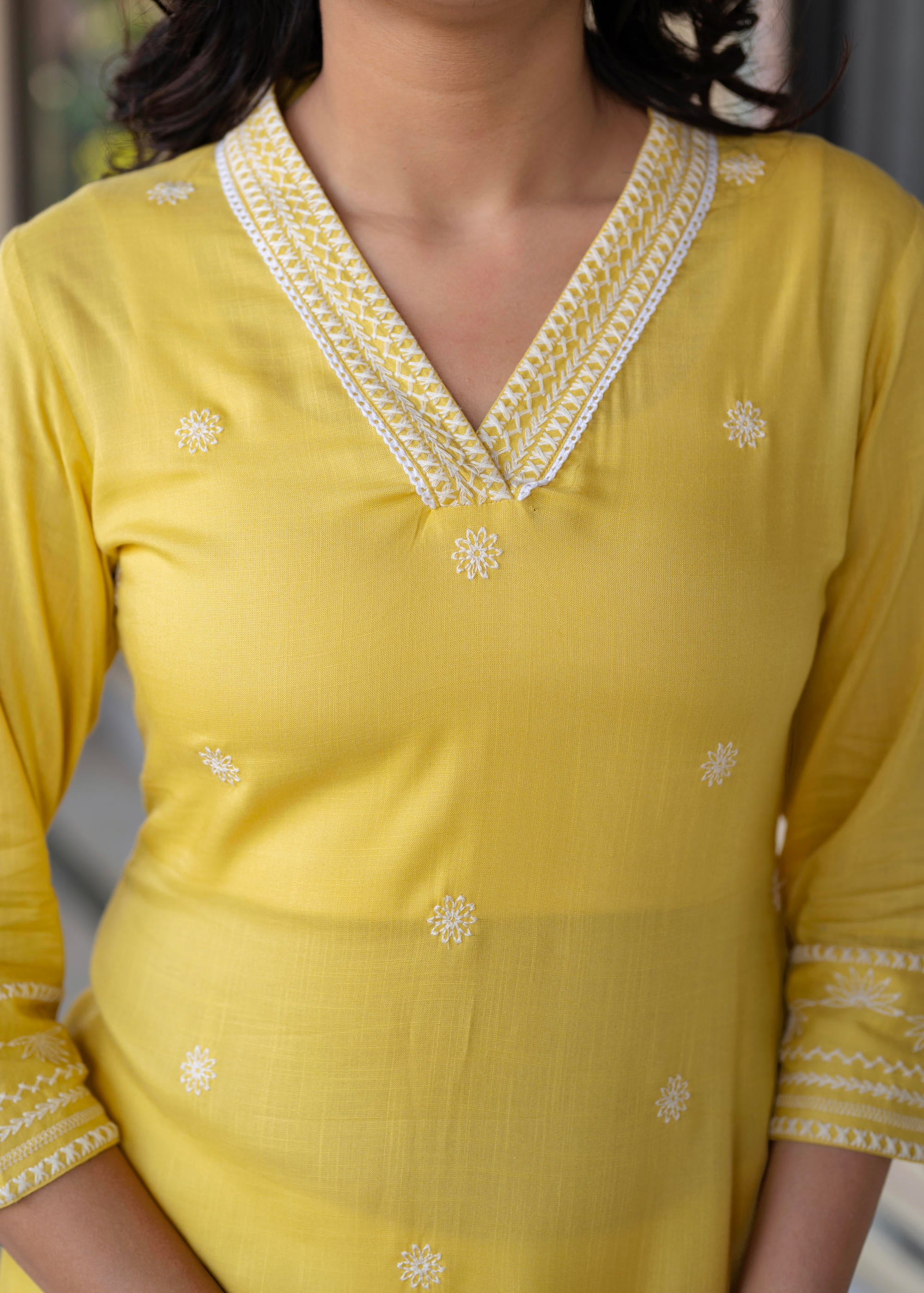 Yellow Embroidered Viscose Kurta with Printed Cotton Pant