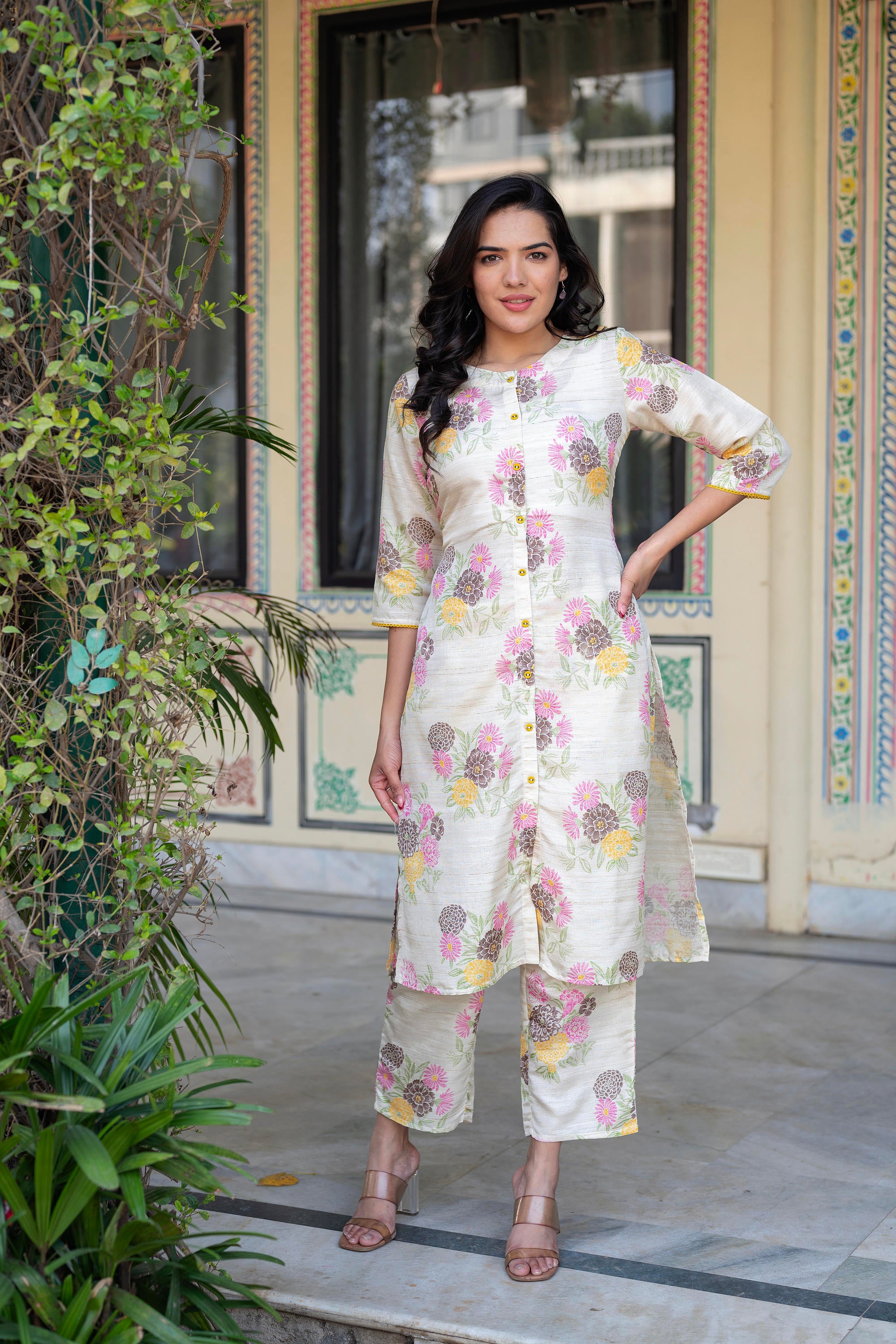 Ivory Floral Viscose Kurta with Printed Cotton Pant & Button Details