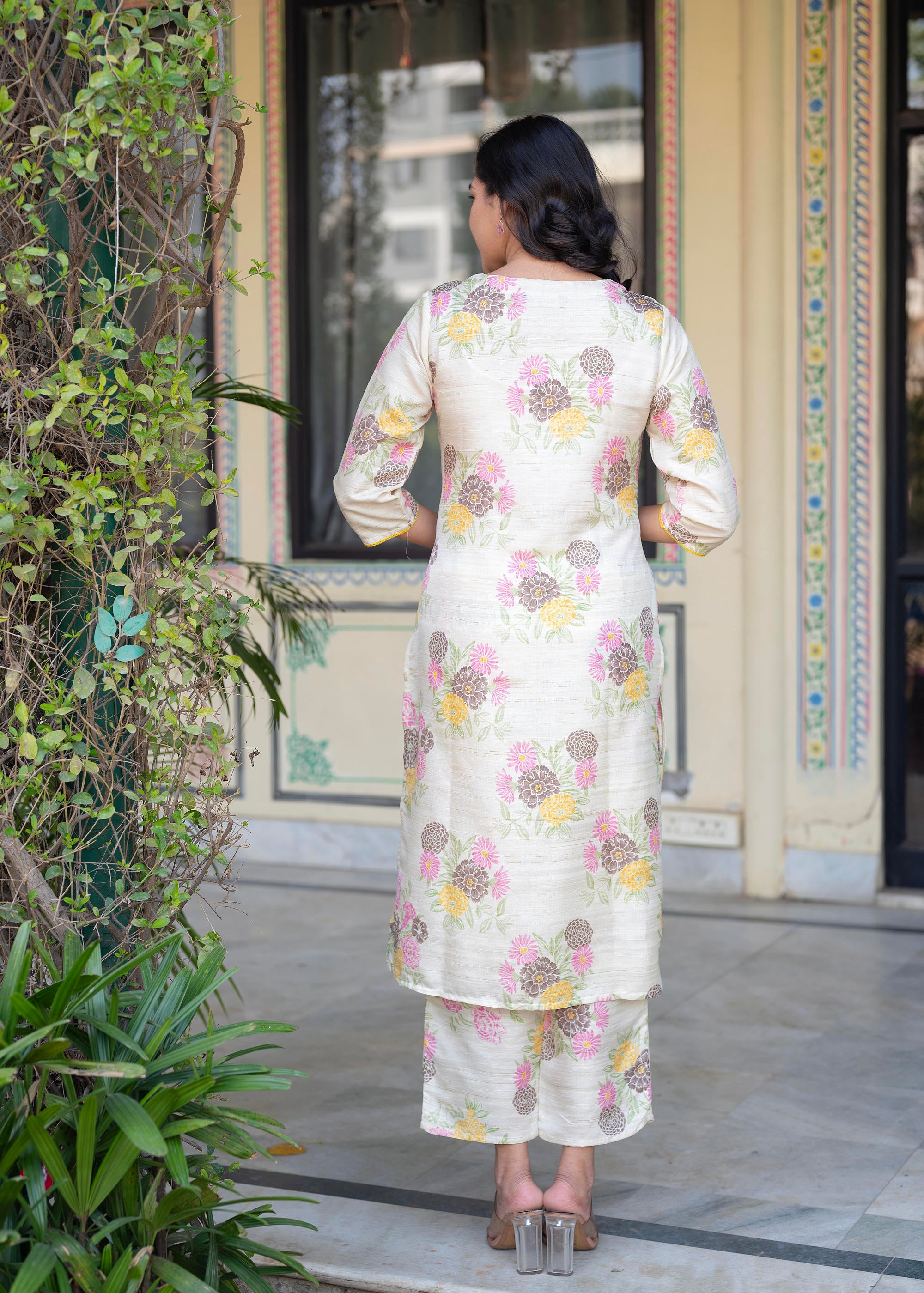 Ivory Floral Viscose Kurta with Printed Cotton Pant & Button Details