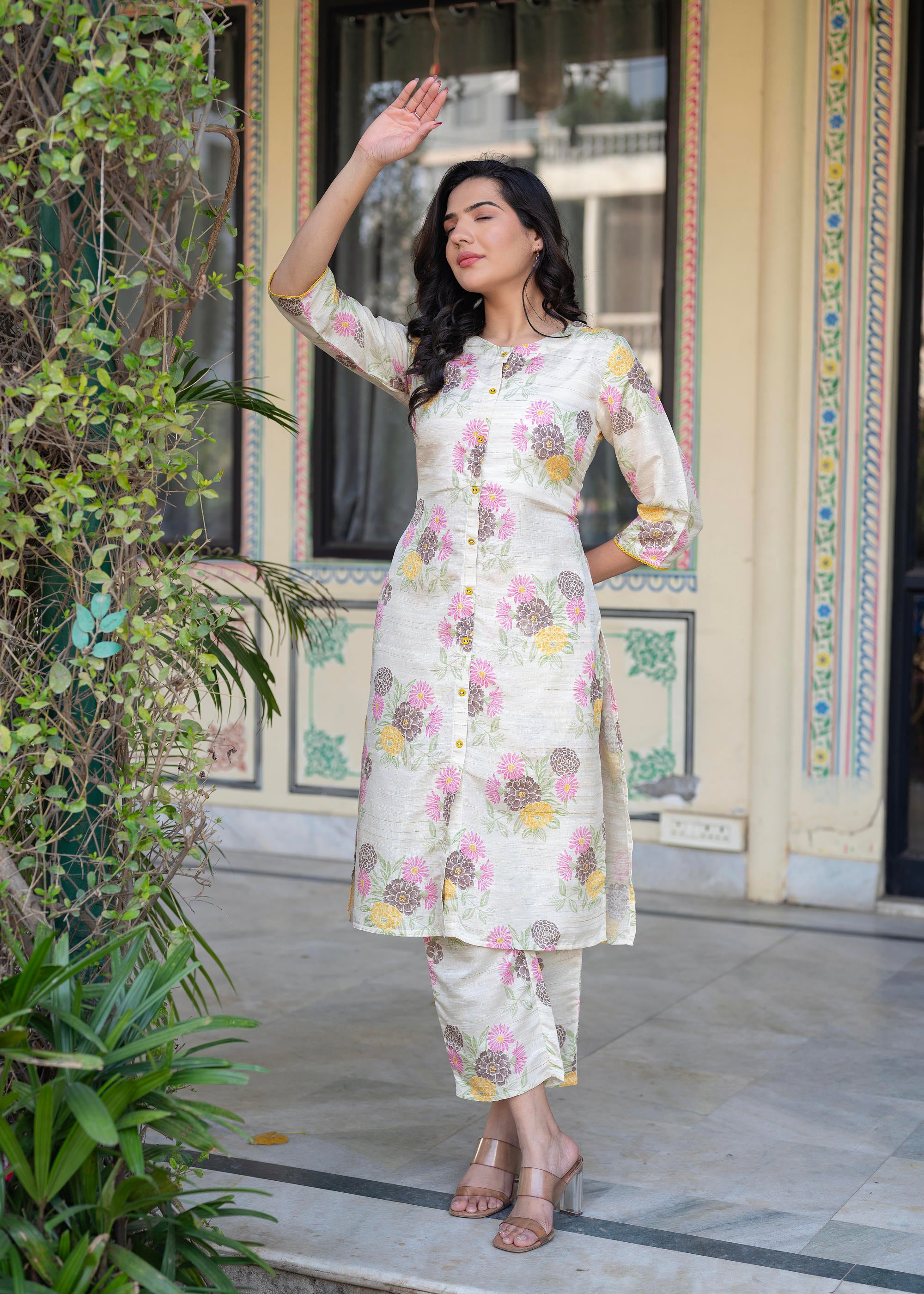 Ivory Floral Viscose Kurta with Printed Cotton Pant & Button Details