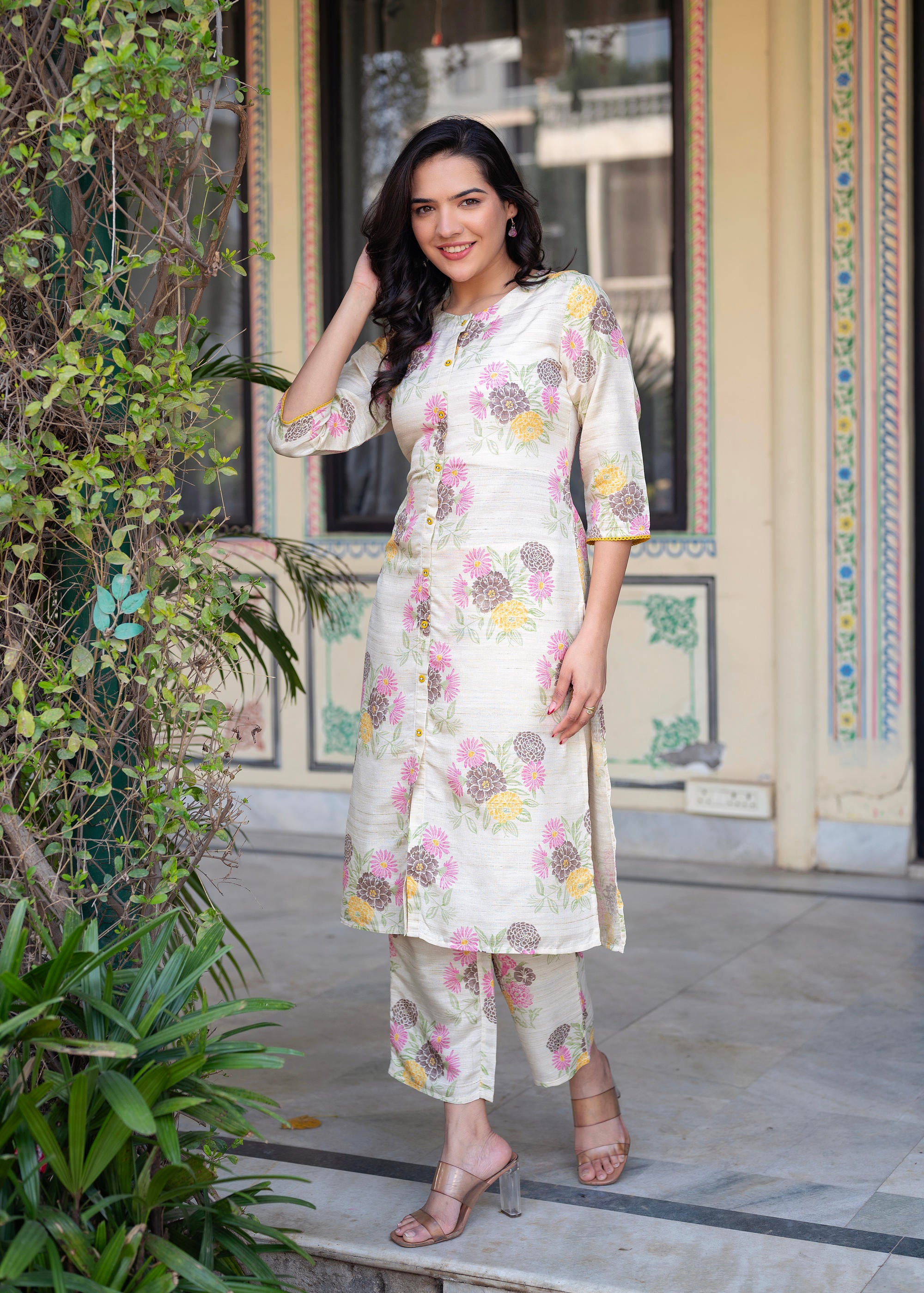 Ivory Floral Viscose Kurta with Printed Cotton Pant & Button Details