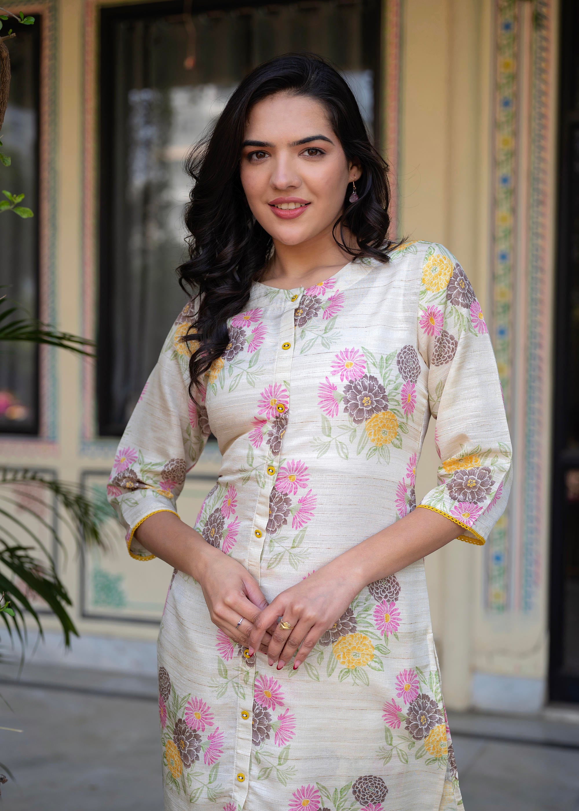 Ivory Floral Viscose Kurta with Printed Cotton Pant & Button Details