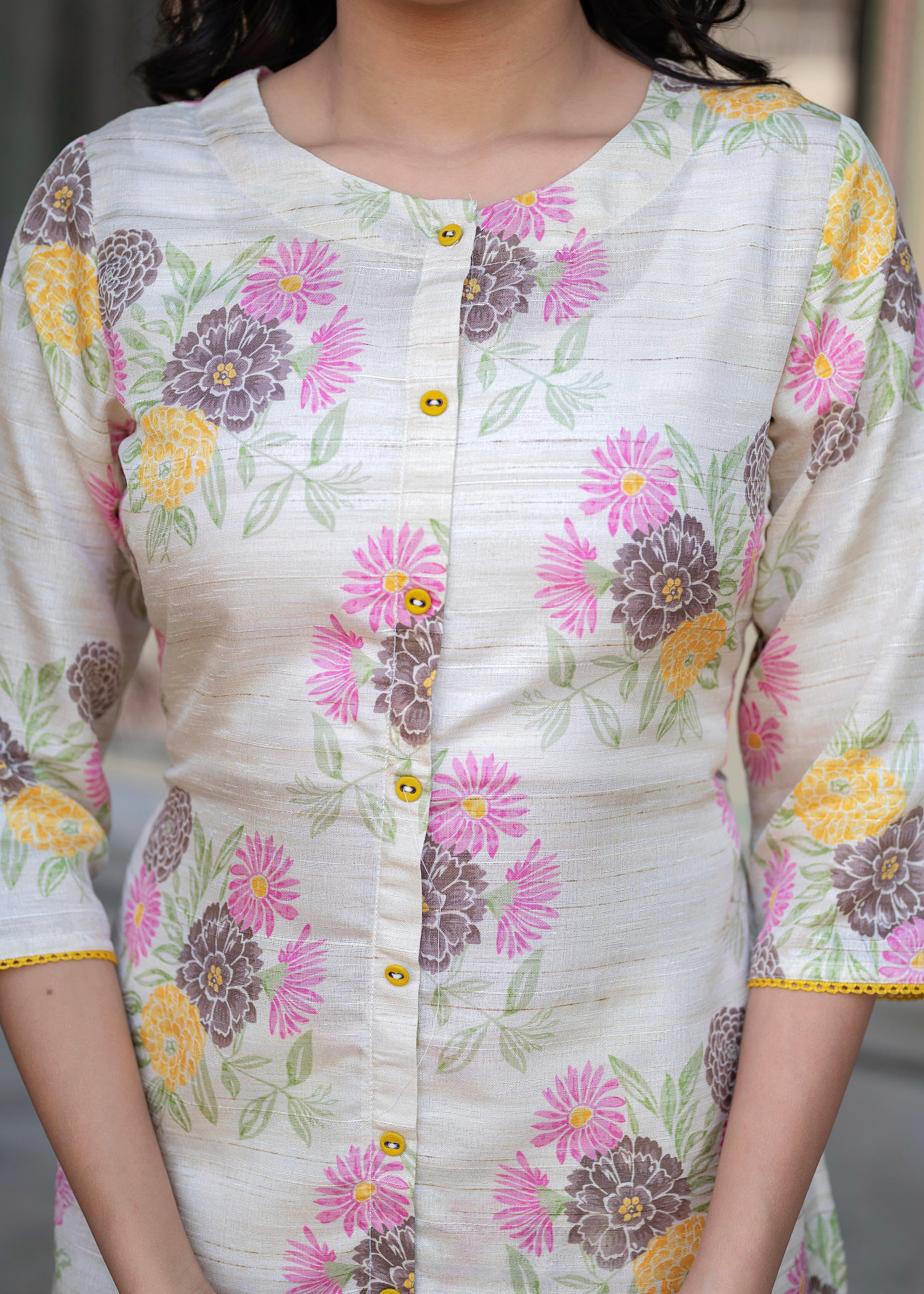 Ivory Floral Viscose Kurta with Printed Cotton Pant & Button Details