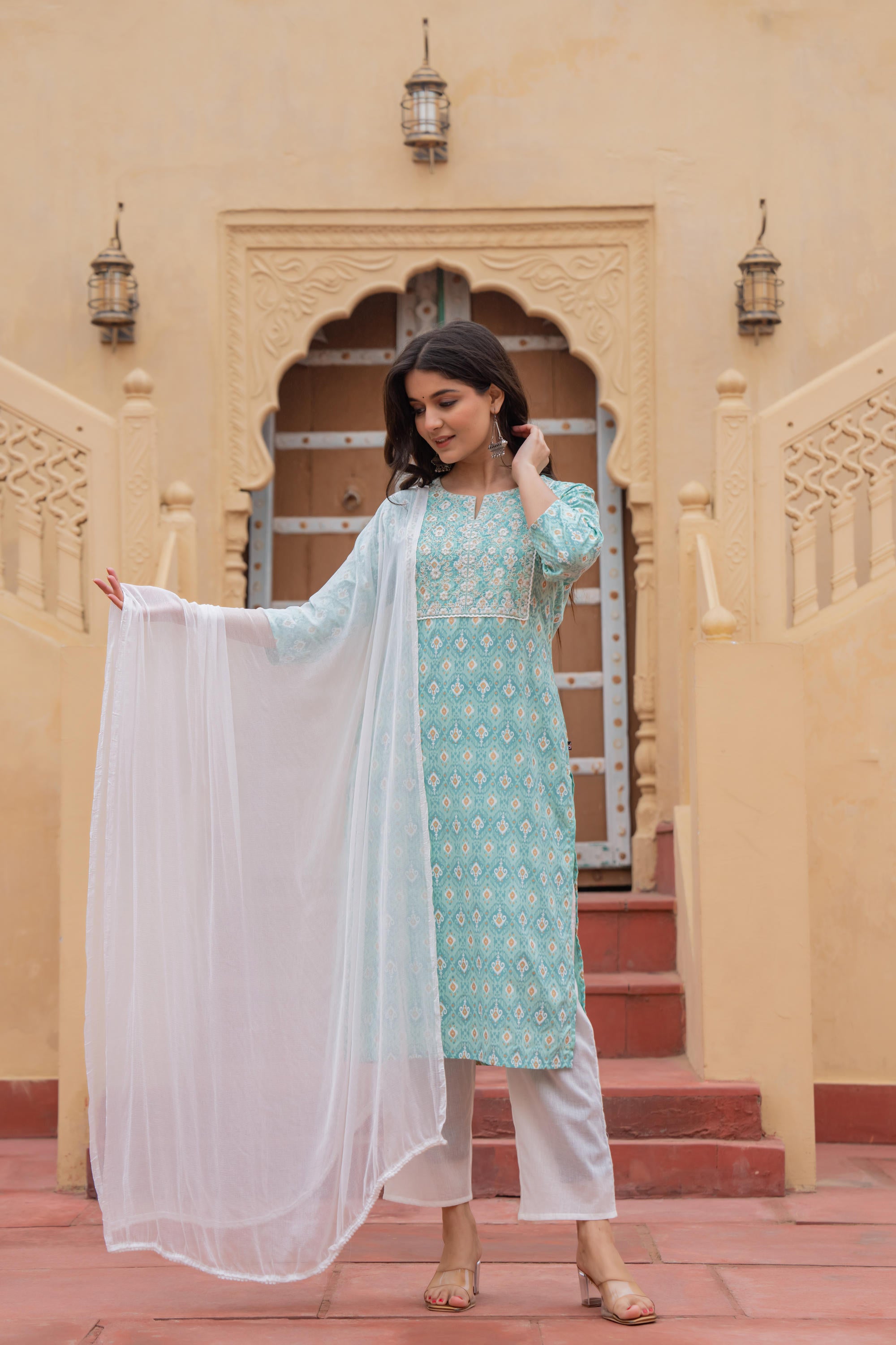 Light Blue Ethnic Motif Printed Viscose Kurta Set With Sequin & Thread Work