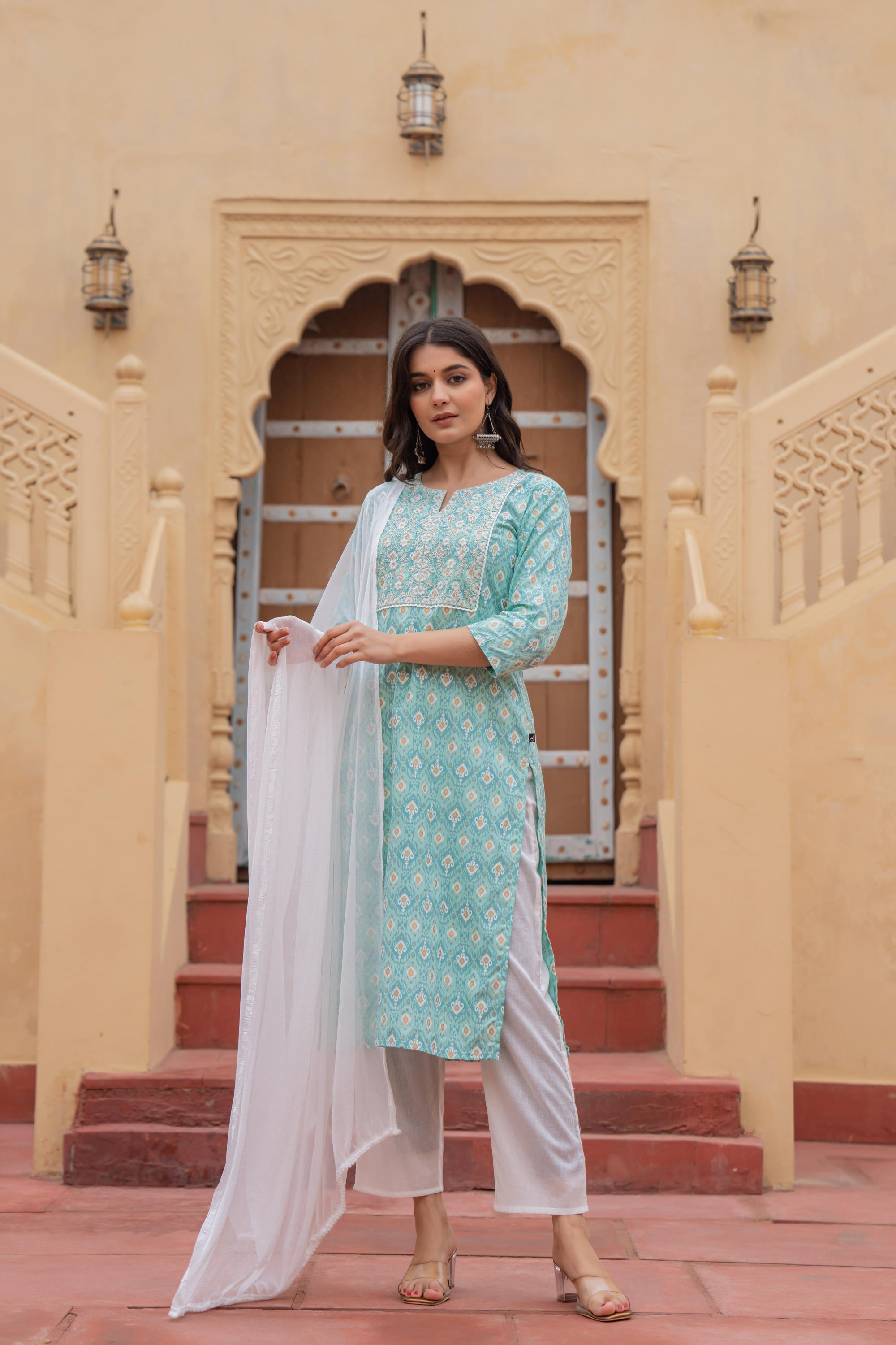 Light Blue Ethnic Motif Printed Viscose Kurta Set With Sequin & Thread Work