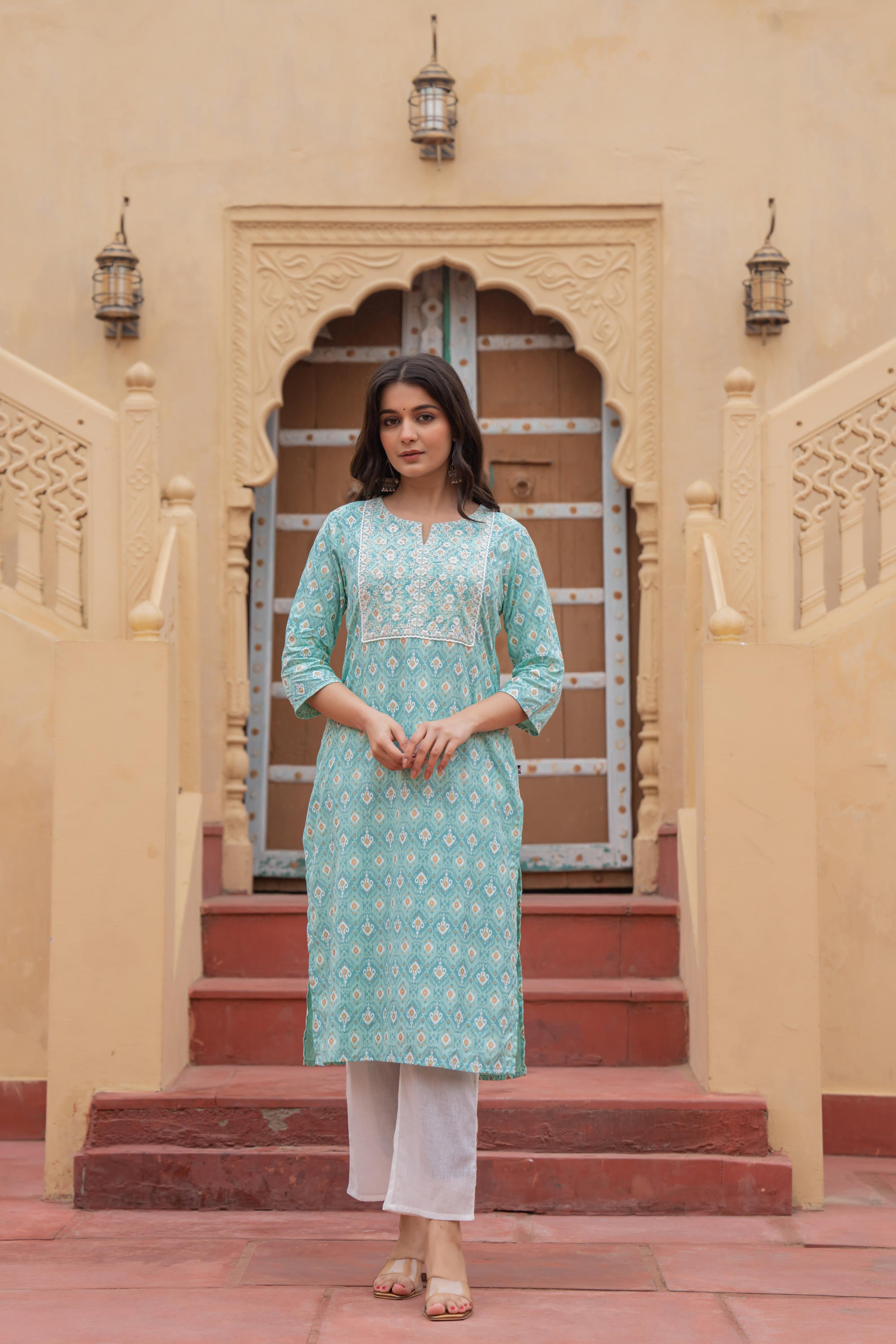 Light Blue Ethnic Motif Printed Viscose Kurta Set With Sequin & Thread Work