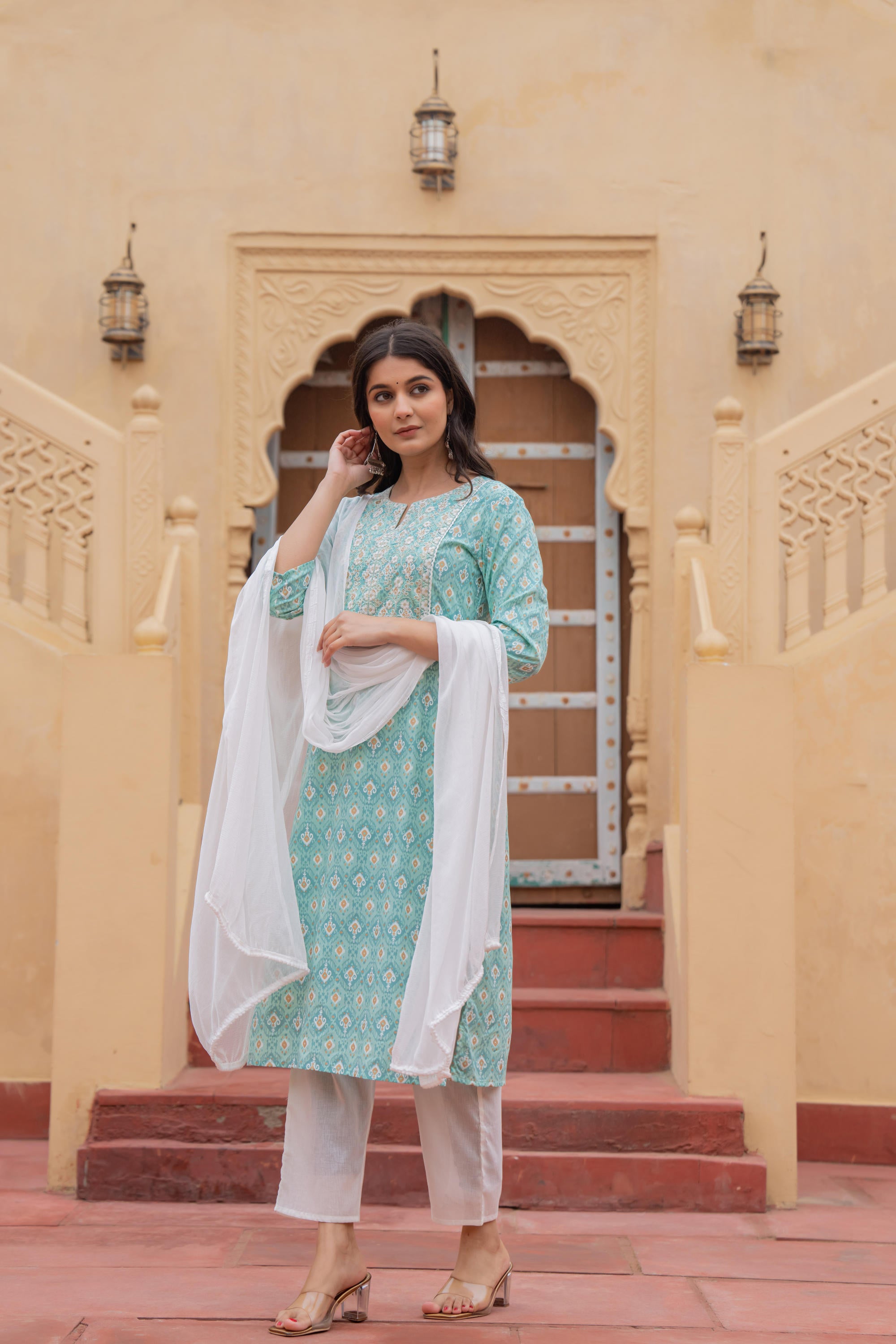 Light Blue Ethnic Motif Printed Viscose Kurta Set With Sequin & Thread Work