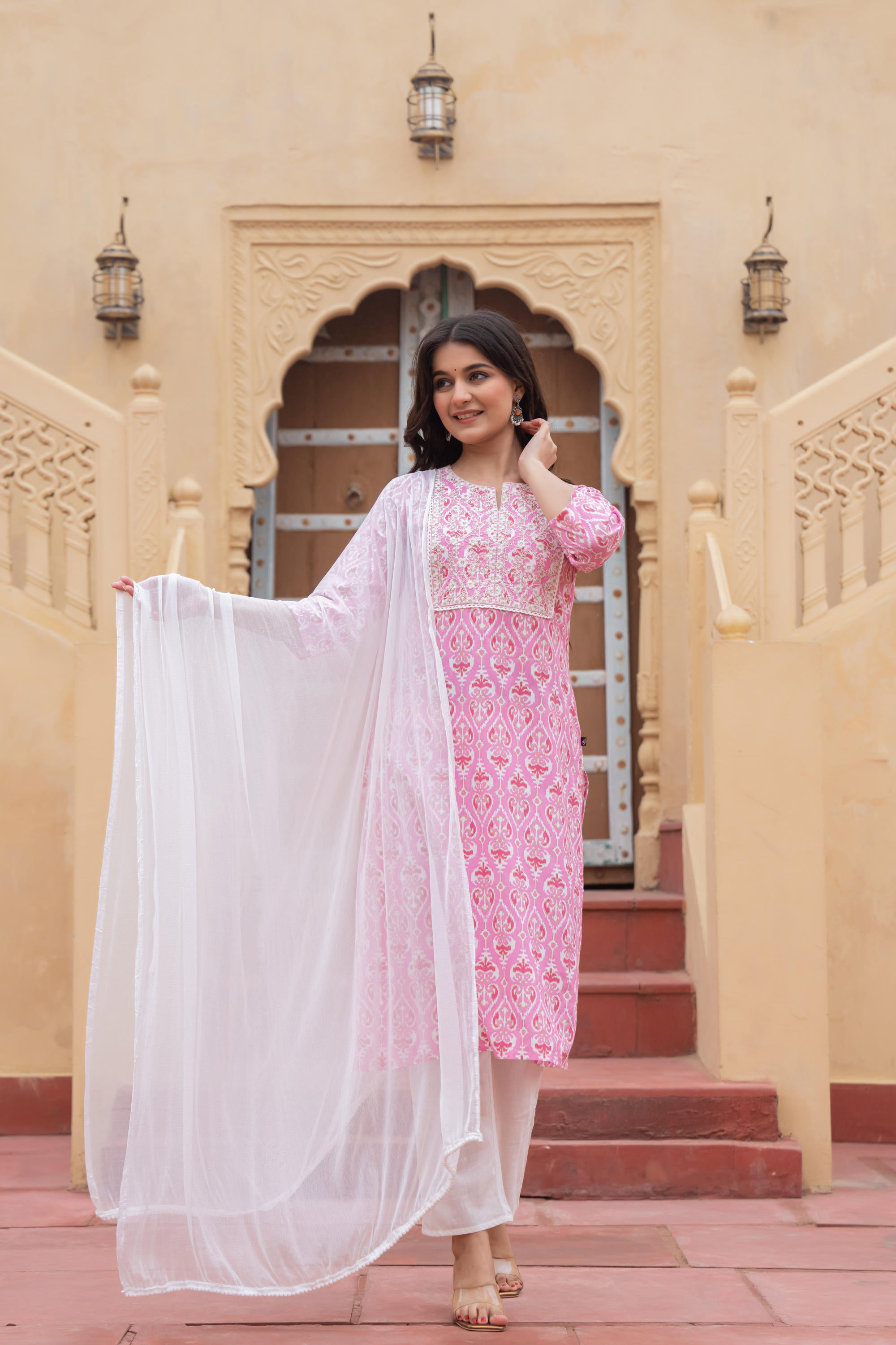 Pink Ethnic Motif Printed Viscose Kurta Set With Sequin & Thread Work