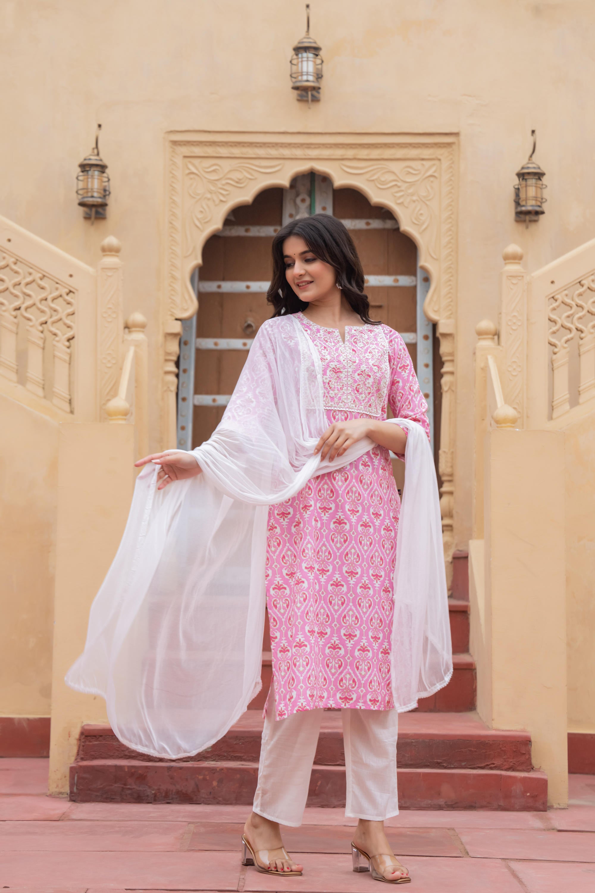 Pink Ethnic Motif Printed Viscose Kurta Set With Sequin & Thread Work