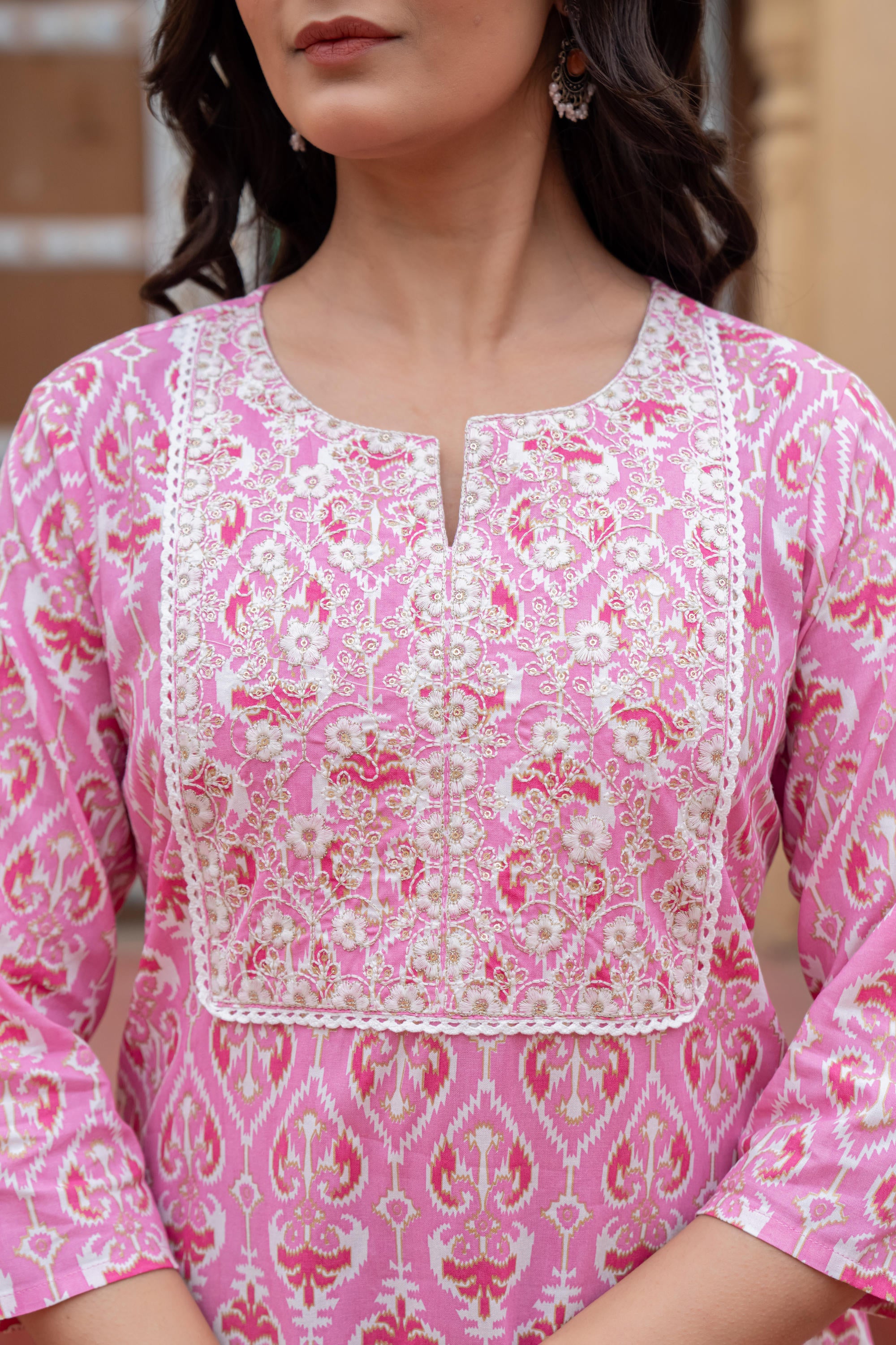 Pink Ethnic Motif Printed Viscose Kurta Set With Sequin & Thread Work