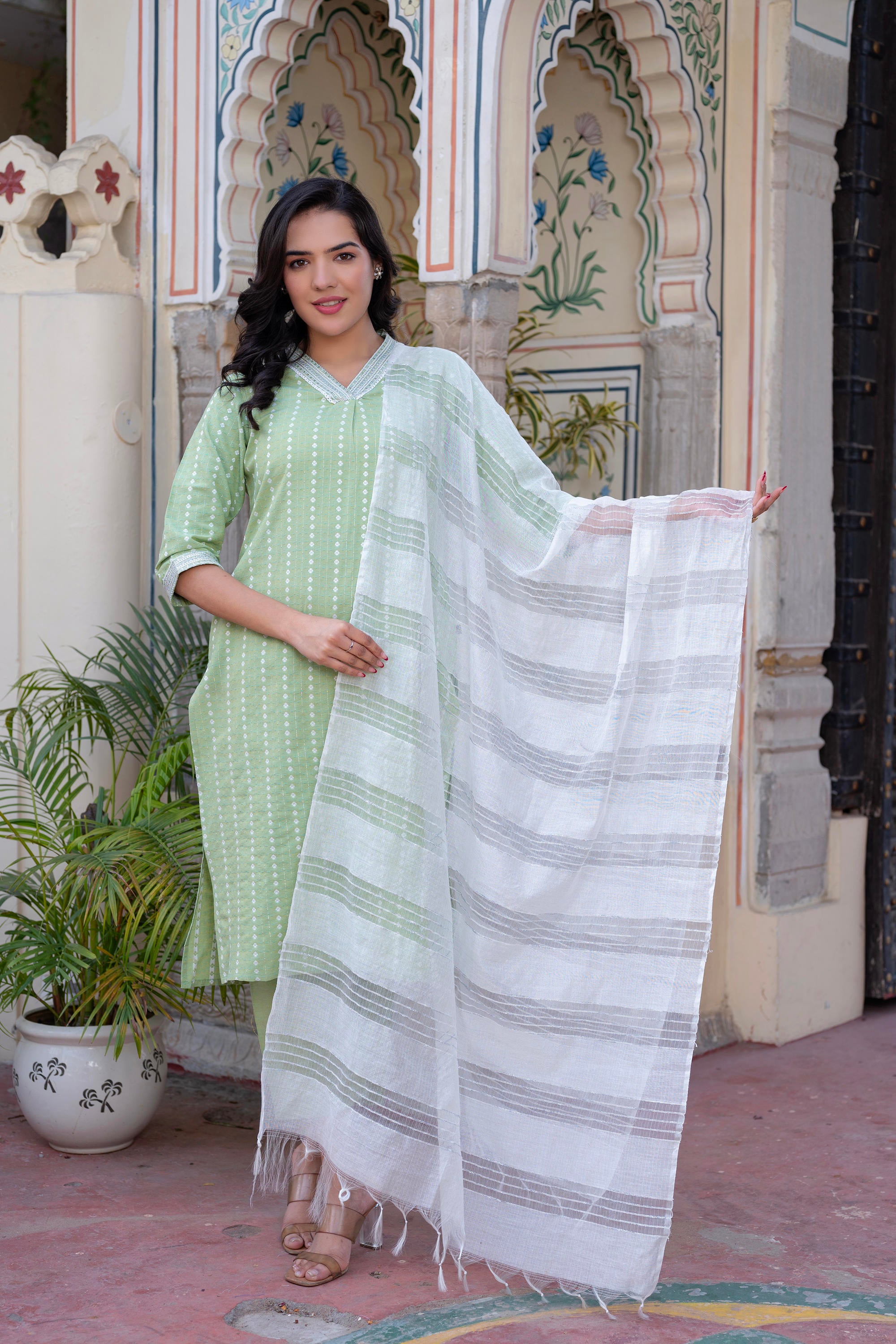 Sage Green Brocade Kurta-Pant & Dupatta Set with Sequins