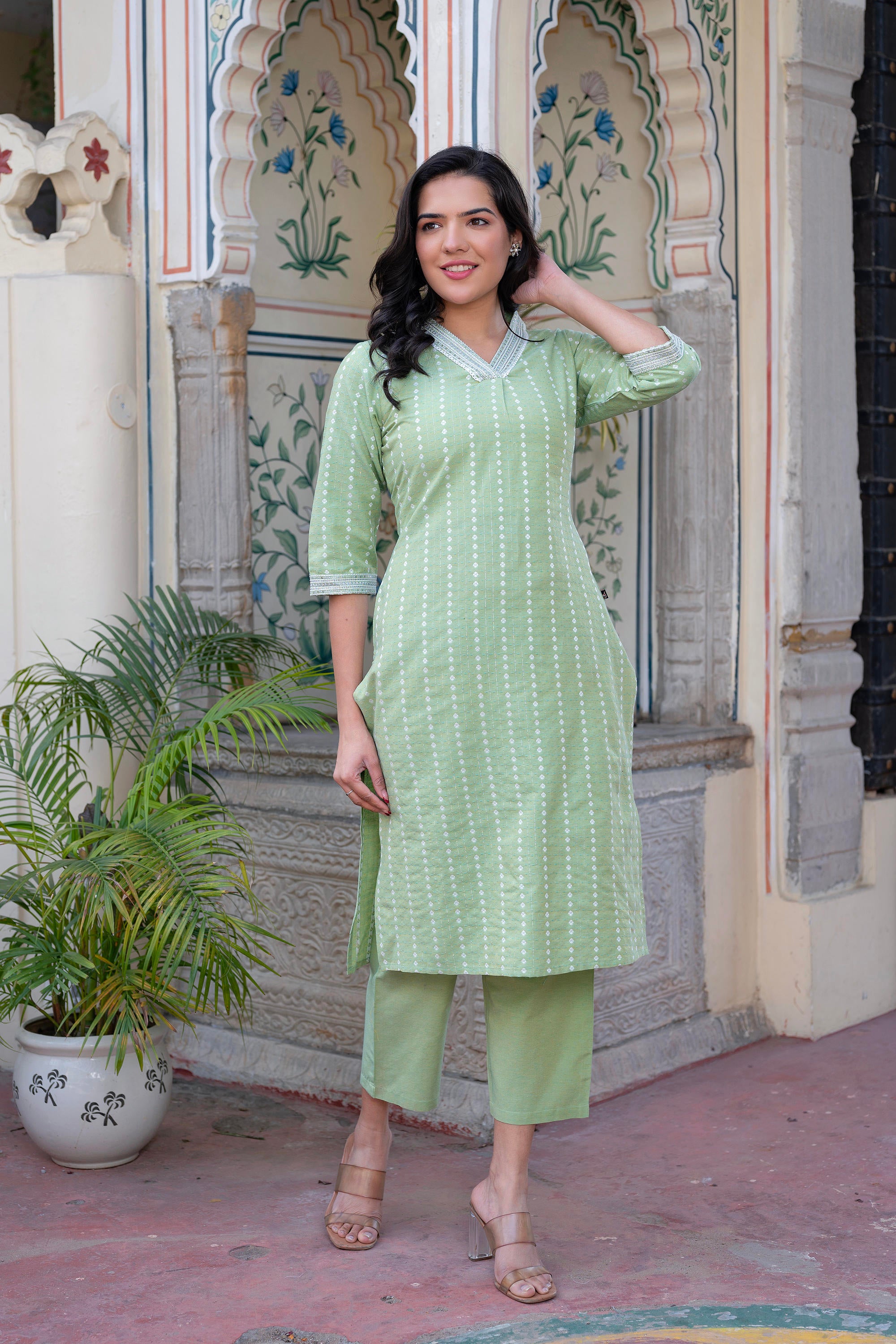 Sage Green Brocade Kurta-Pant & Dupatta Set with Sequins