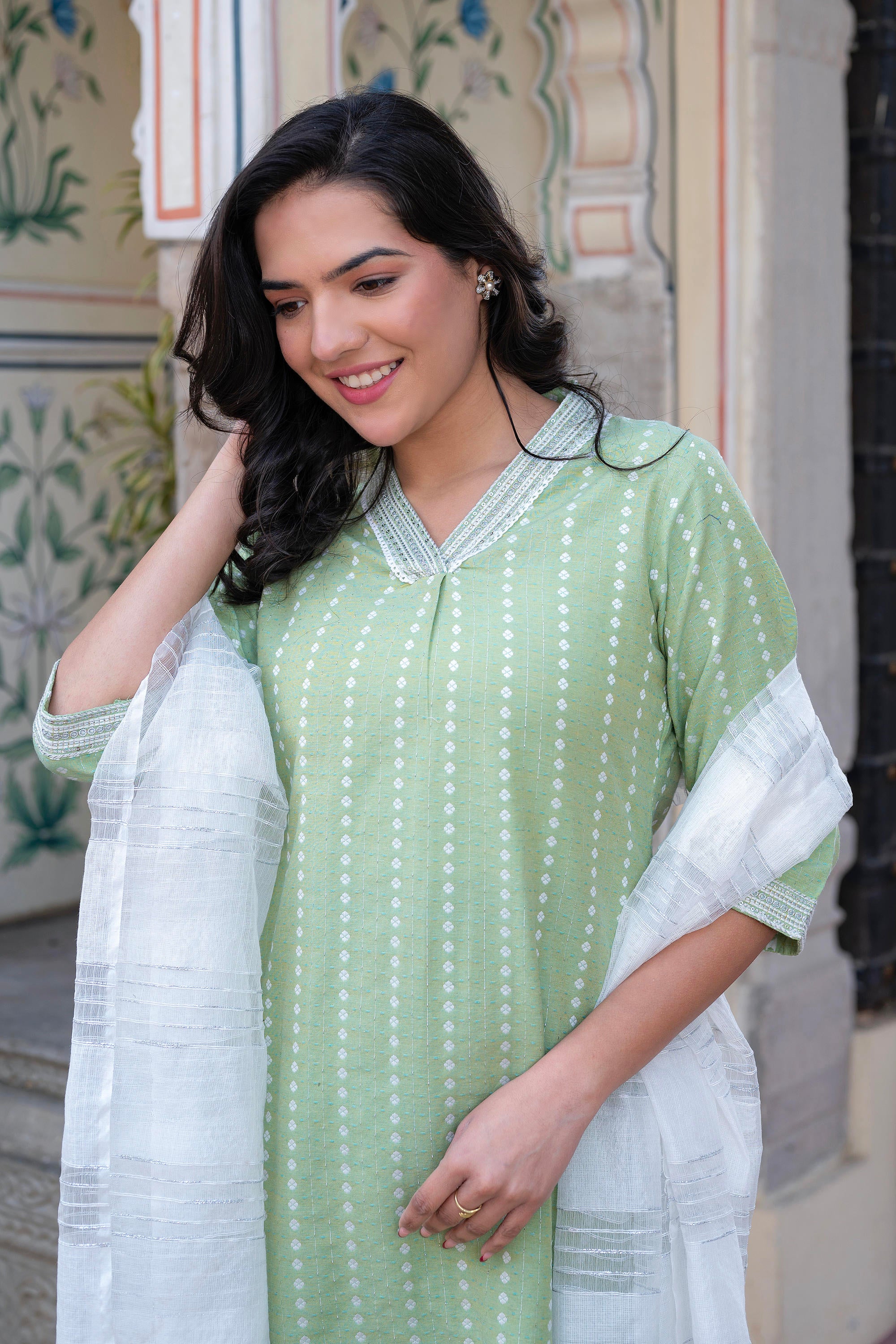 Sage Green Brocade Kurta-Pant & Dupatta Set with Sequins