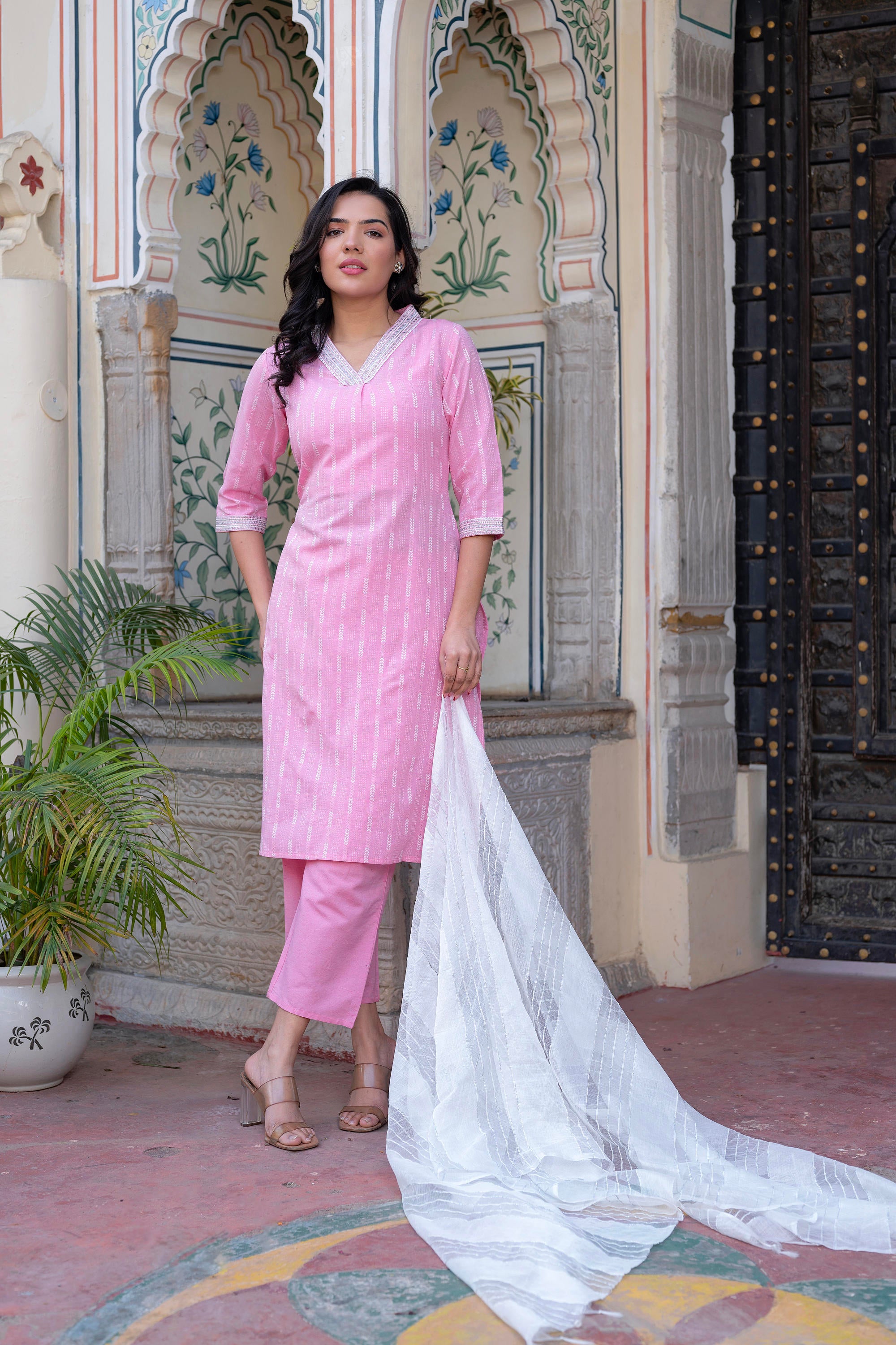 Pink Brocade Kurta-Pant & Dupatta Set with Sequins & Tassels