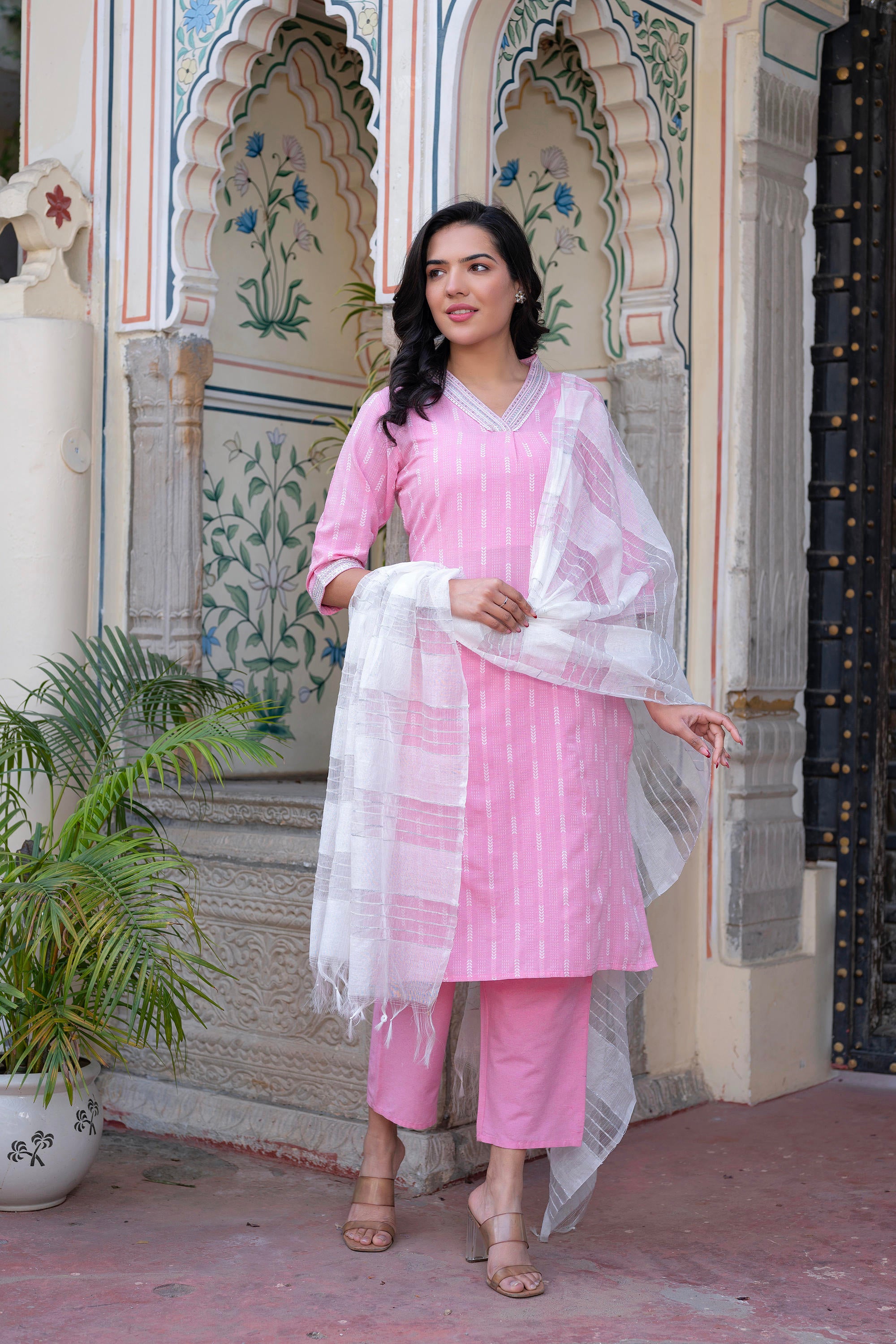 Pink Brocade Kurta-Pant & Dupatta Set with Sequins & Tassels