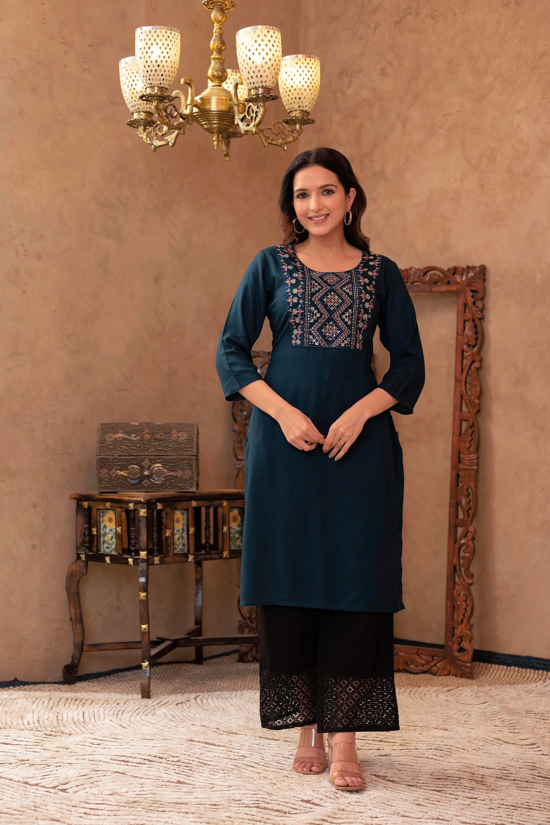 Dark Green Straight Kurta with Geometric Embroidered Yoke