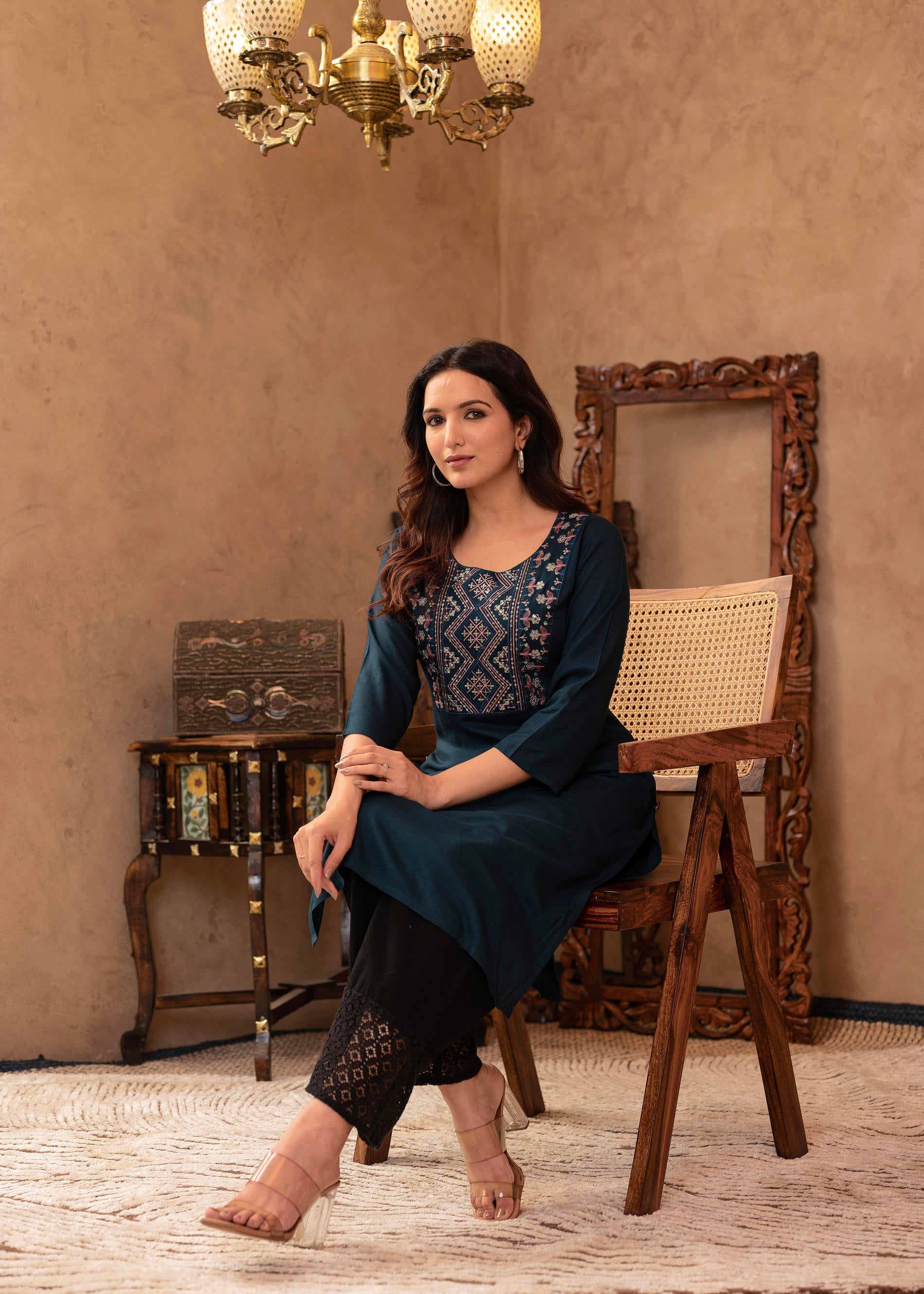 Dark Green Straight Kurta with Geometric Embroidered Yoke