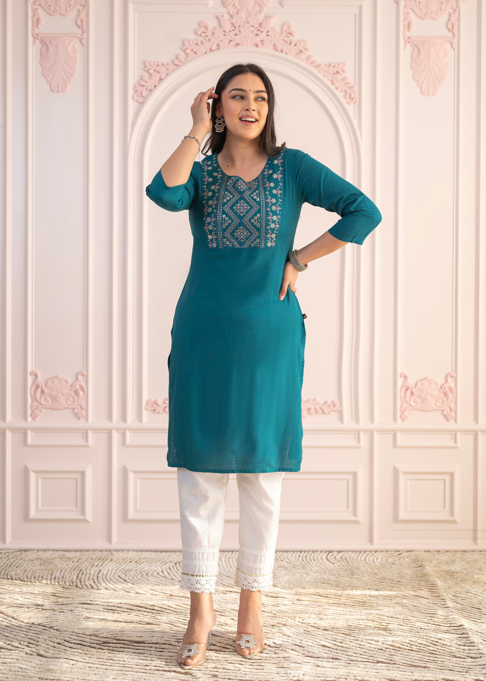 Teal Straight Kurta Set with Geometric Embroidered Yoke and White Pants