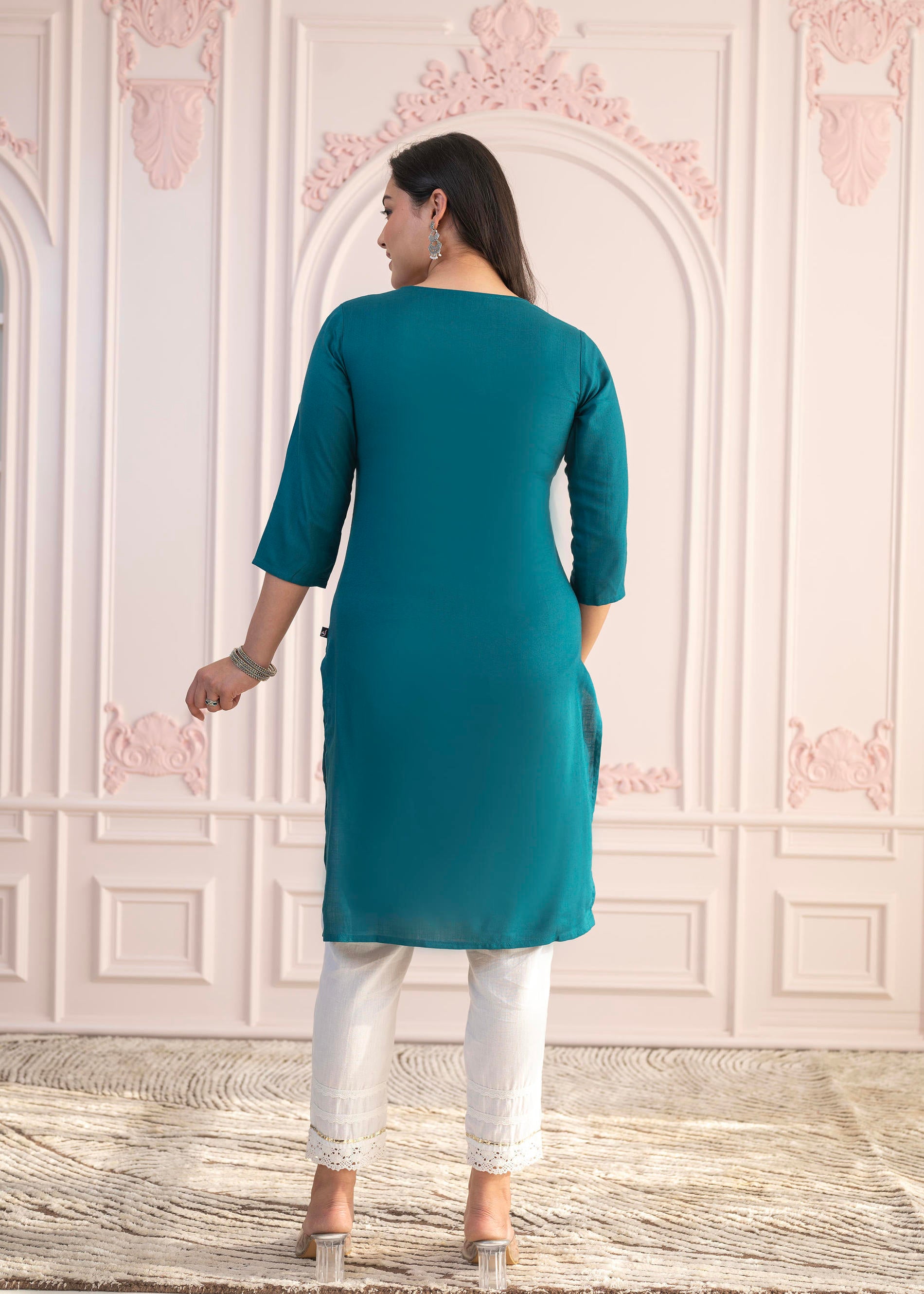 Teal Straight Kurta Set with Geometric Embroidered Yoke and White Pants