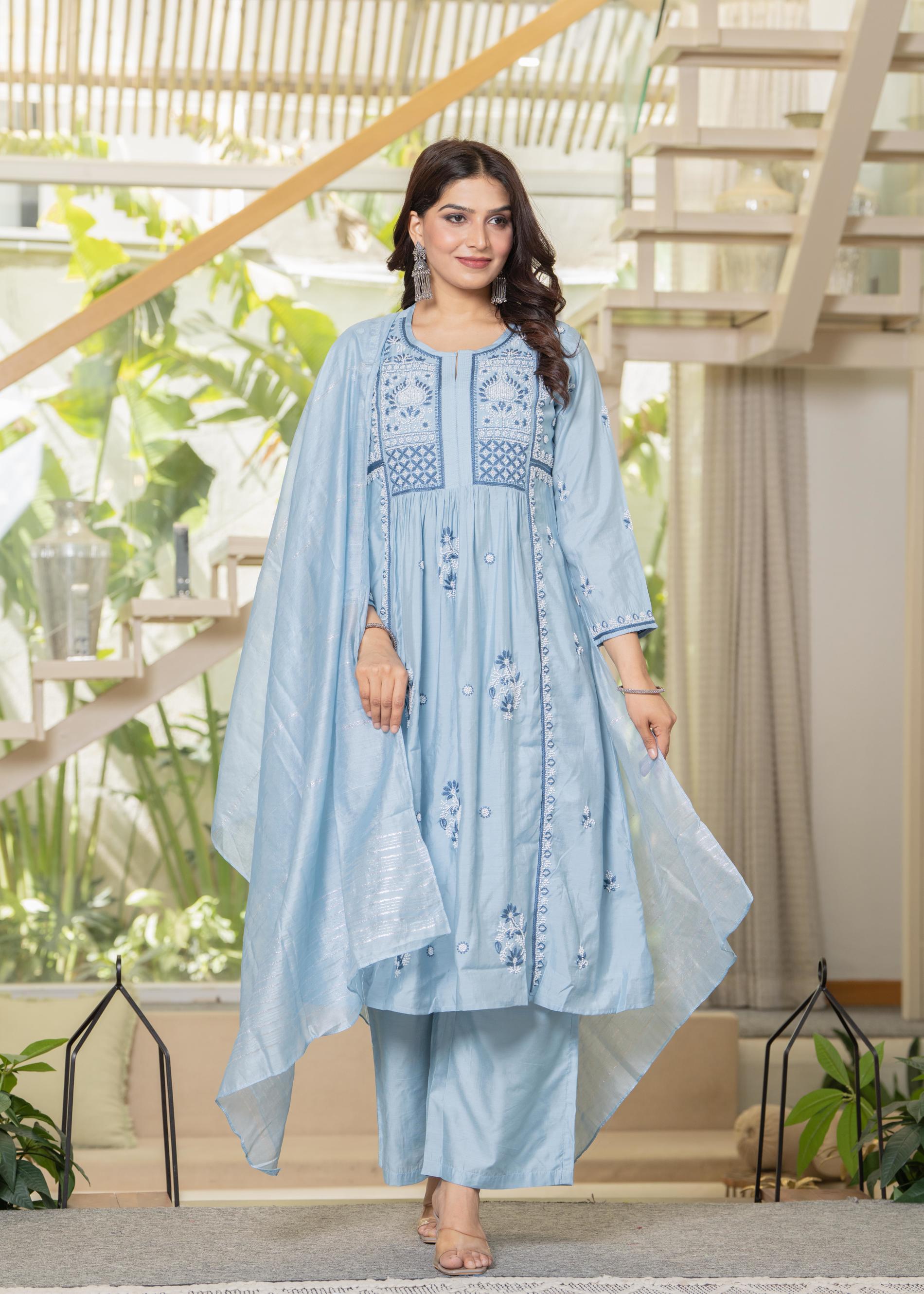 Aqua Blue Flared Embroidered Kurta Set with Dupatta