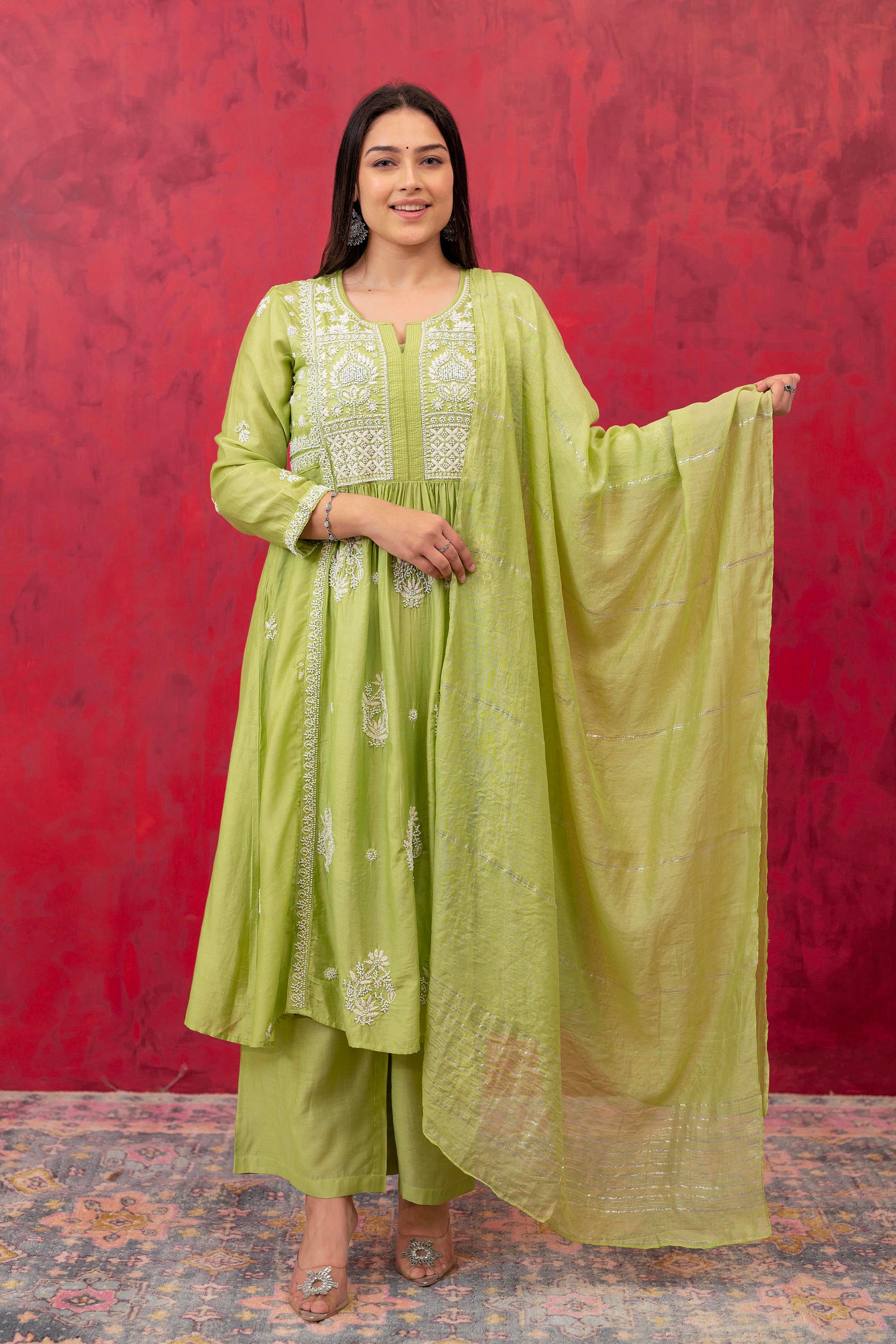 Lime Green Chanderi Kurta Pant Dupatta Set with Thread & Bead Work