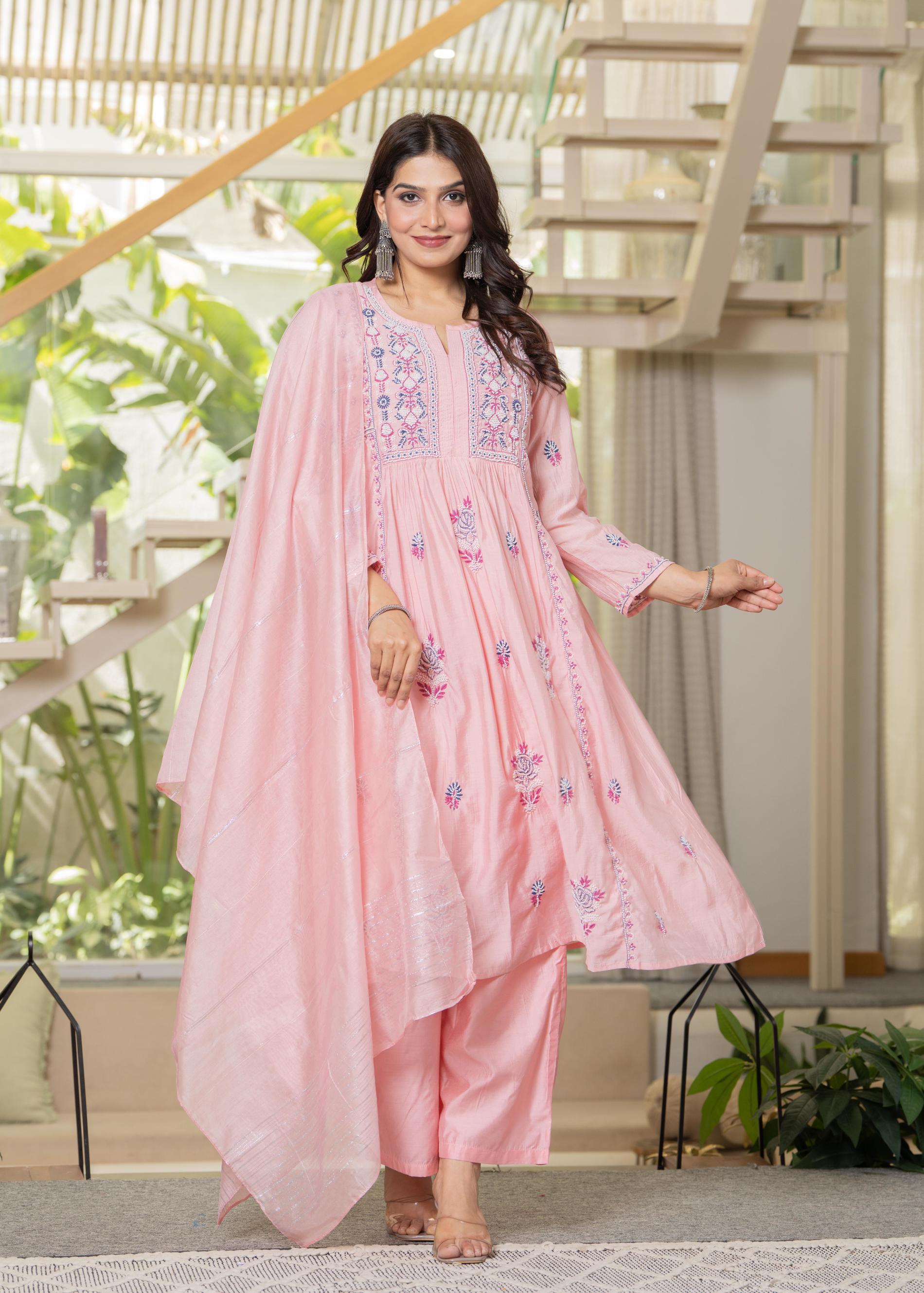 Baby Pink Embroidered Flared Kurta Set with Dupatta