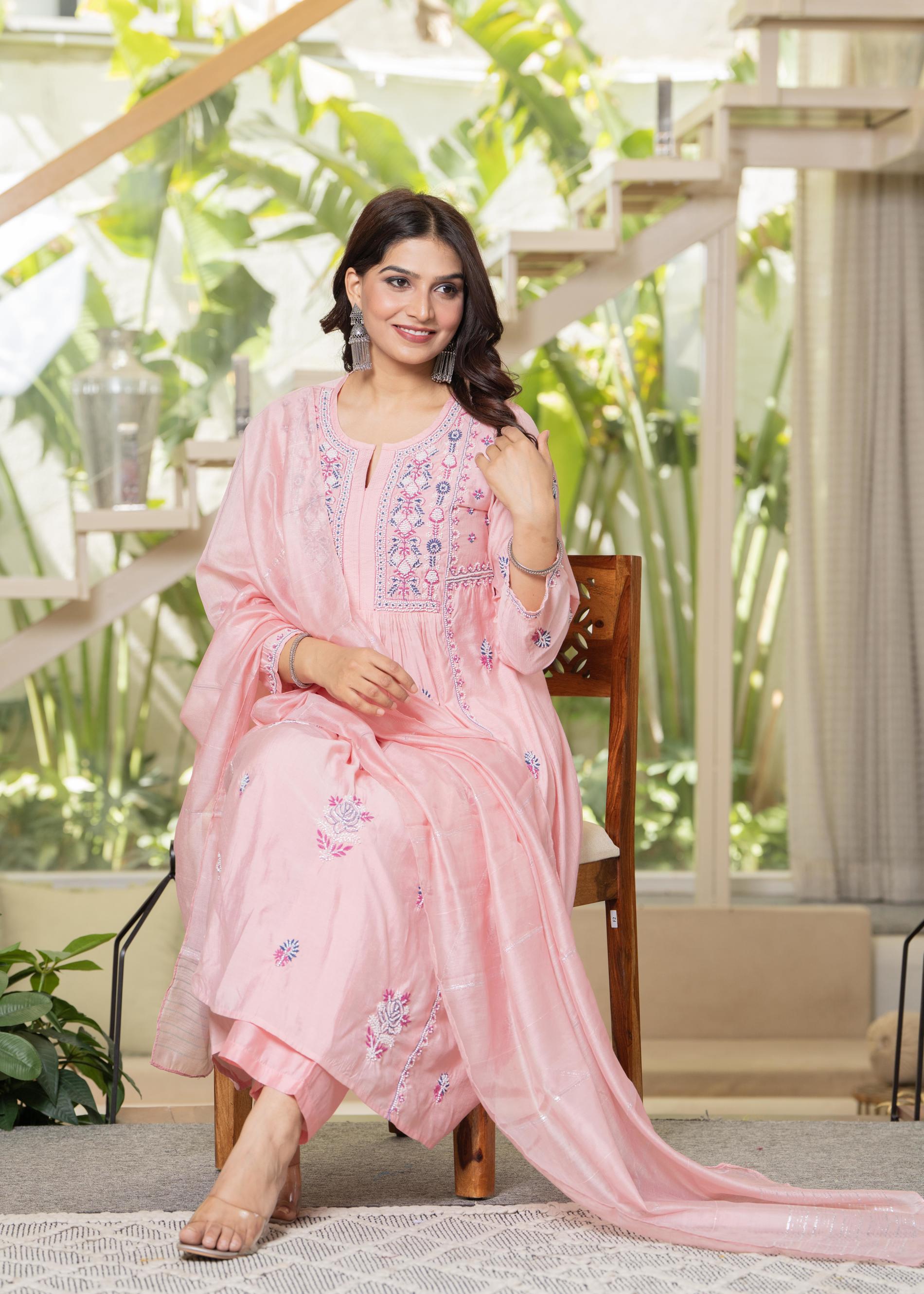 Baby Pink Embroidered Flared Kurta Set with Dupatta