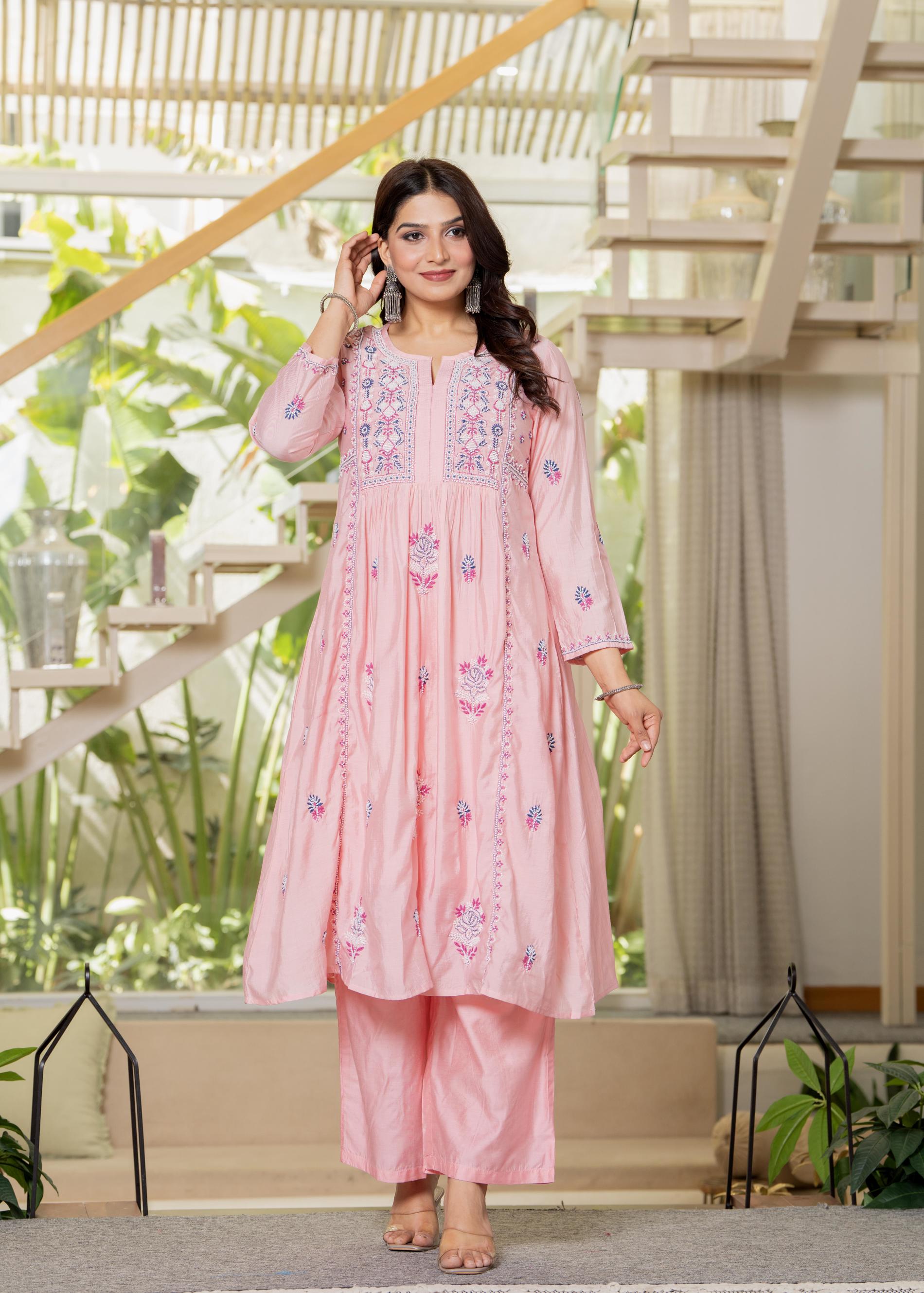 Baby Pink Embroidered Flared Kurta Set with Dupatta