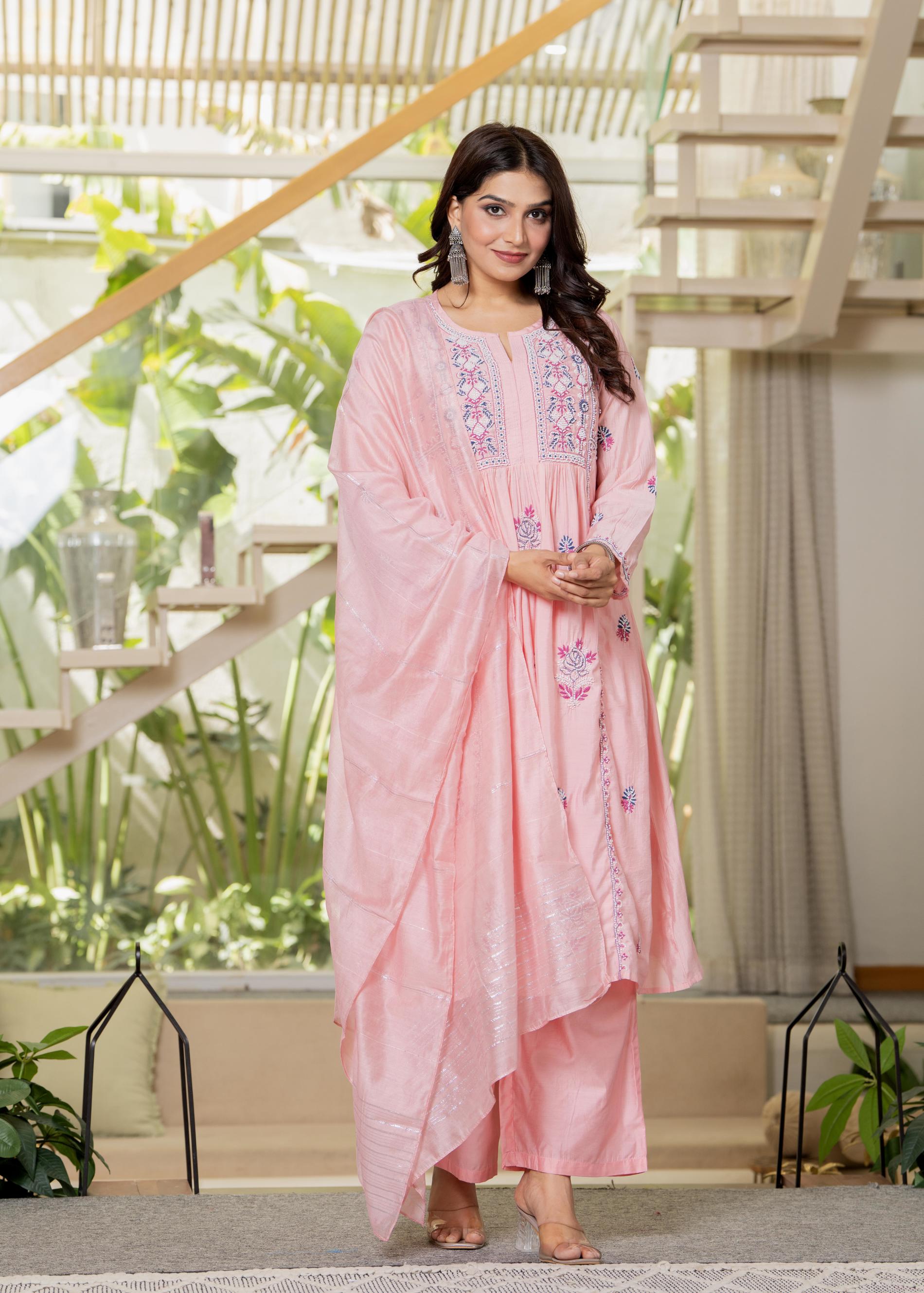 Baby Pink Embroidered Flared Kurta Set with Dupatta