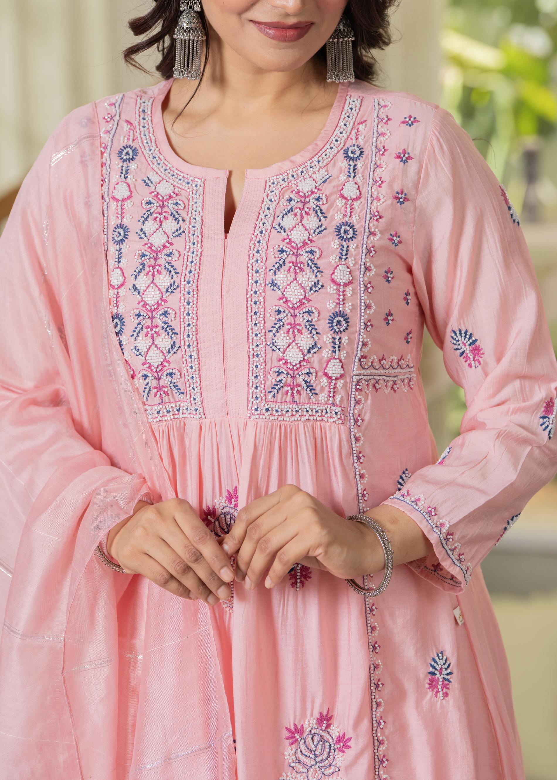 Baby Pink Embroidered Flared Kurta Set with Dupatta