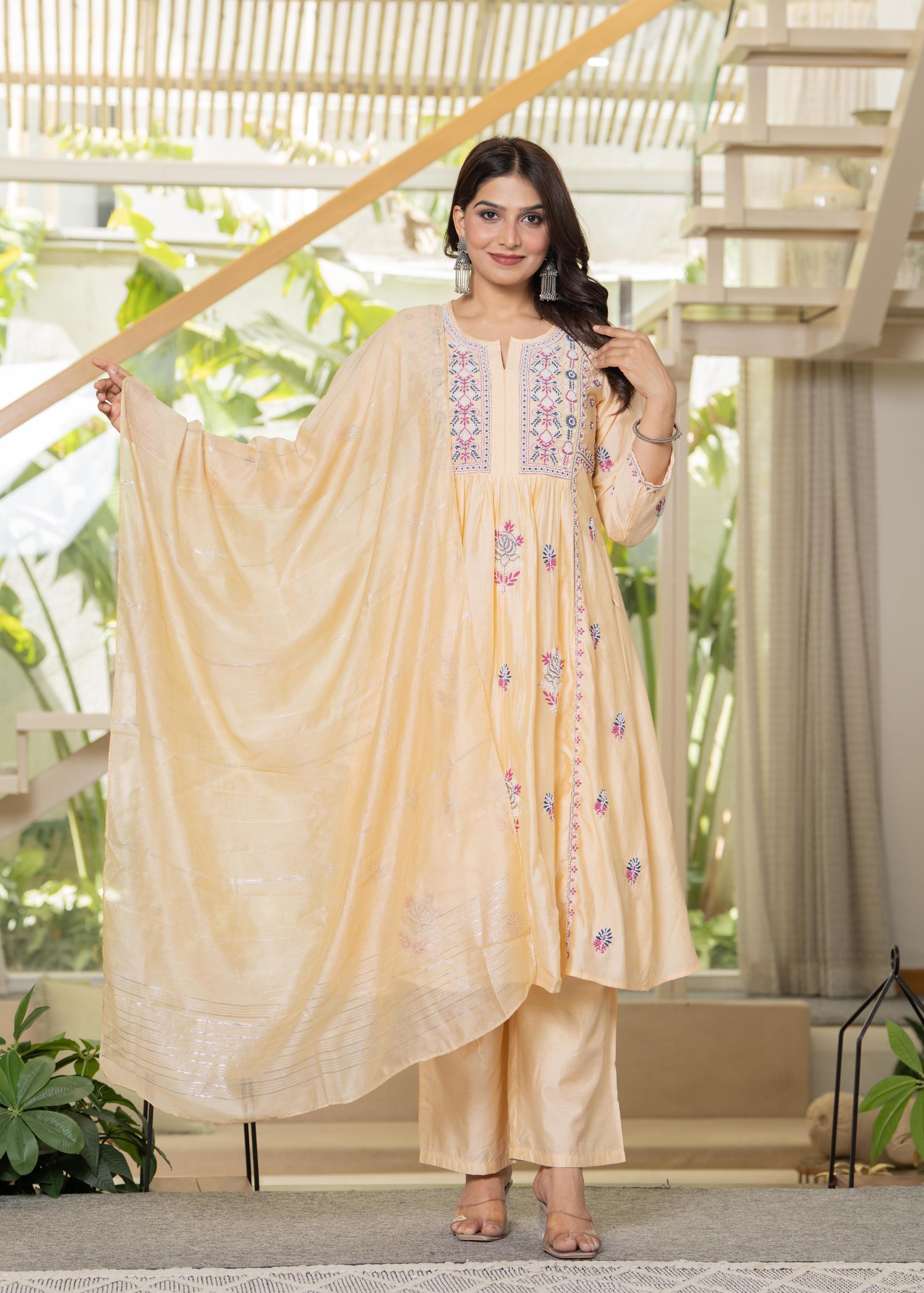 Yellow Embroidered Flared Kurta Set with Dupatta