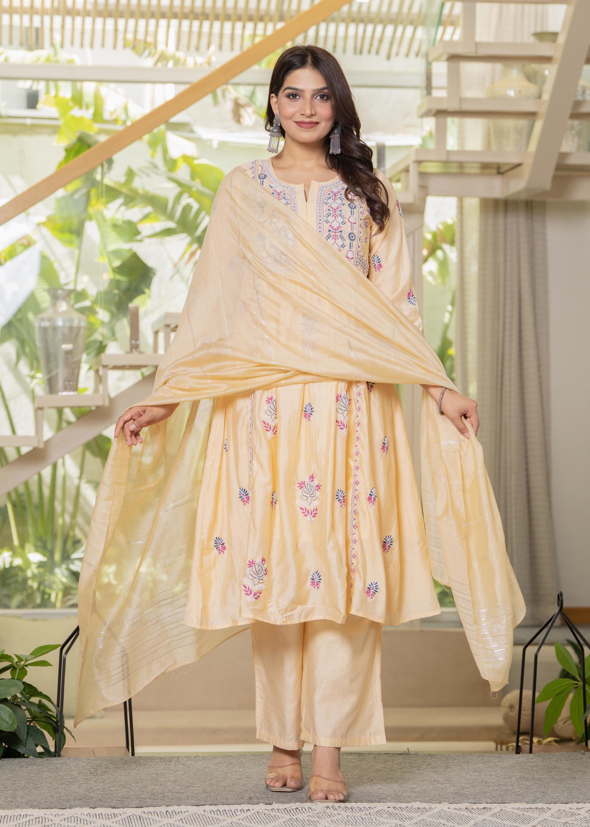 Yellow Embroidered Flared Kurta Set with Dupatta