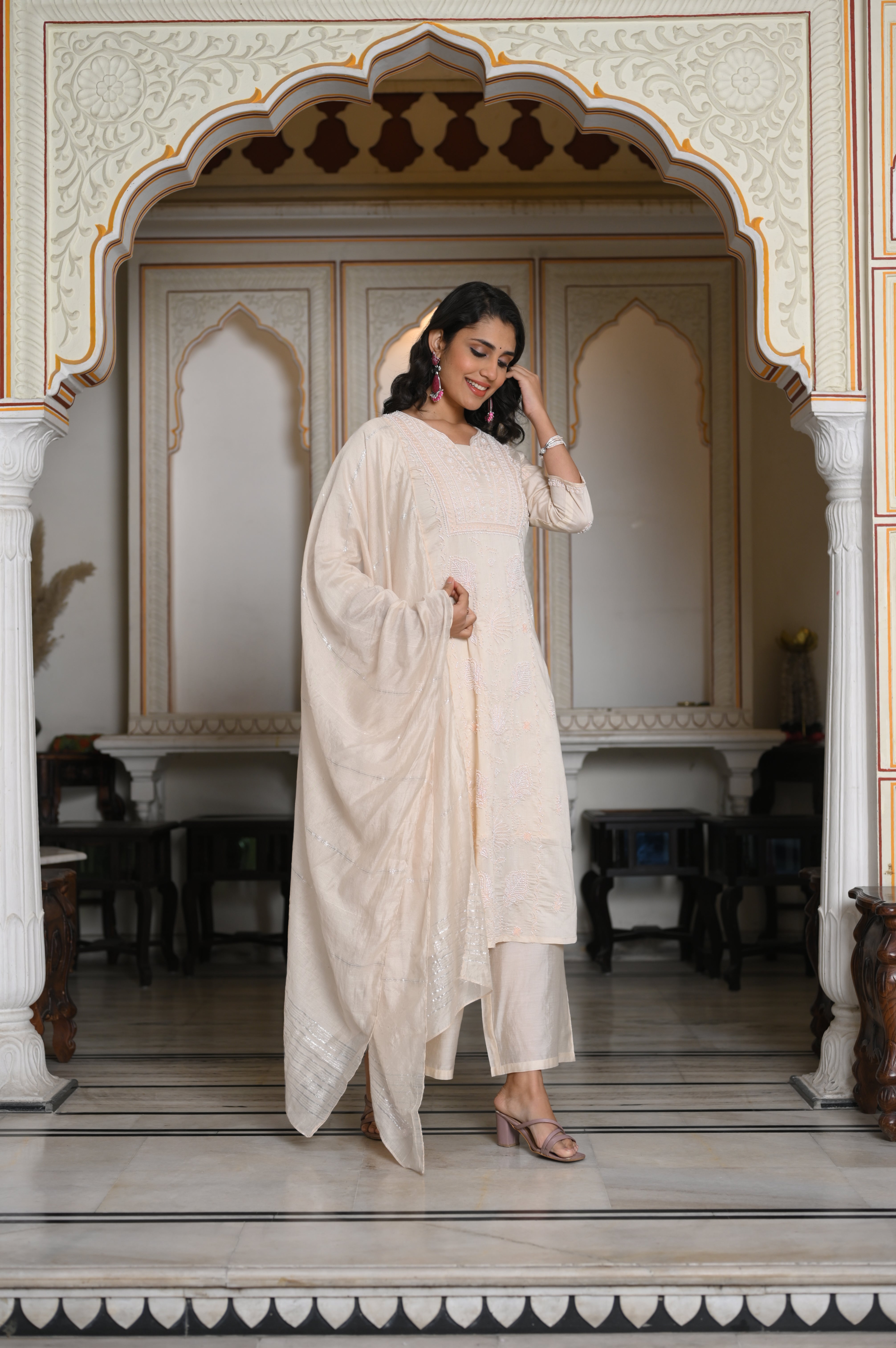 Peach Chanderi Kurta-Pant & Dupatta Set with Bead & Floral Thread Work