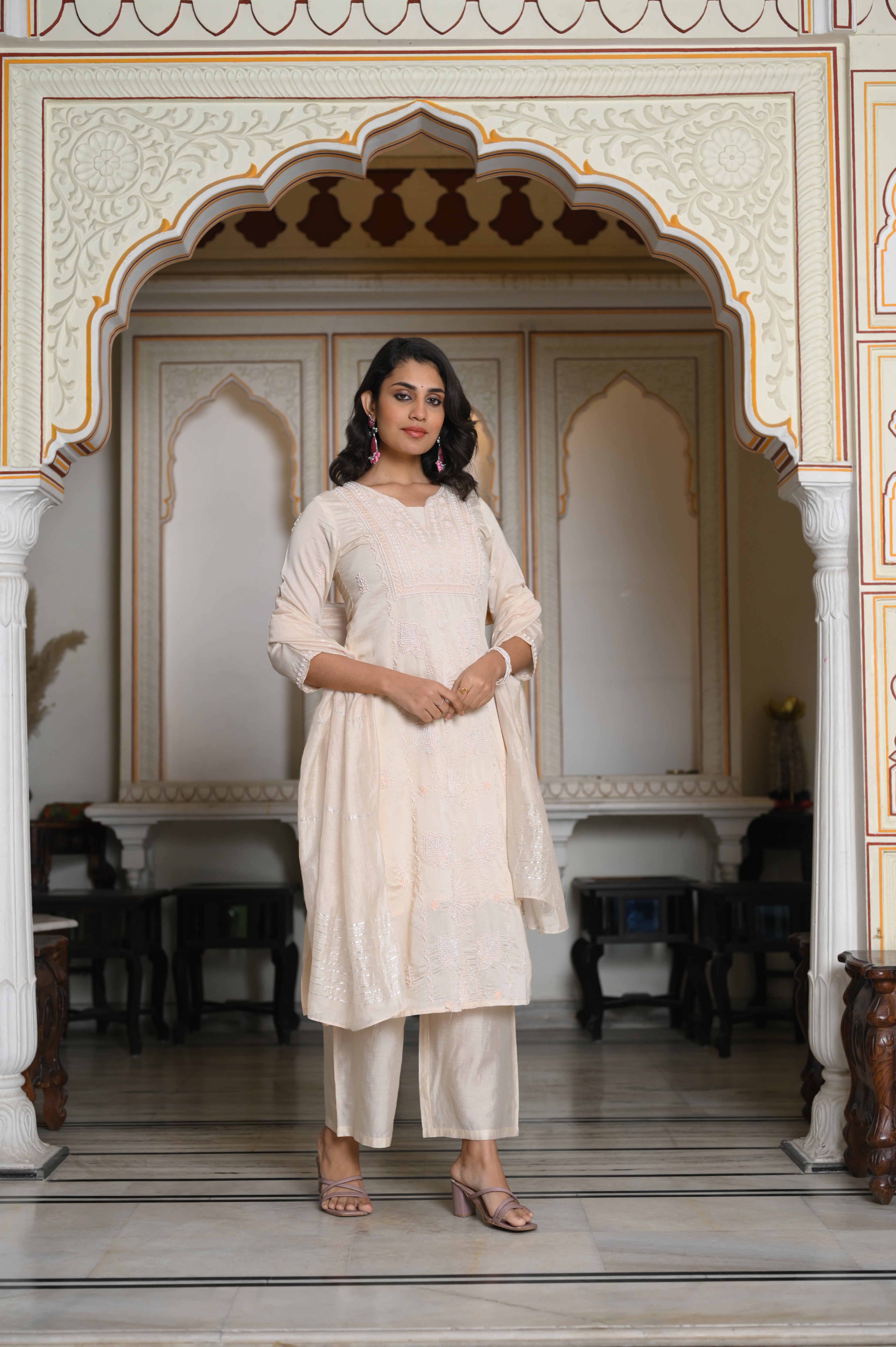 Peach Chanderi Kurta-Pant & Dupatta Set with Bead & Floral Thread Work