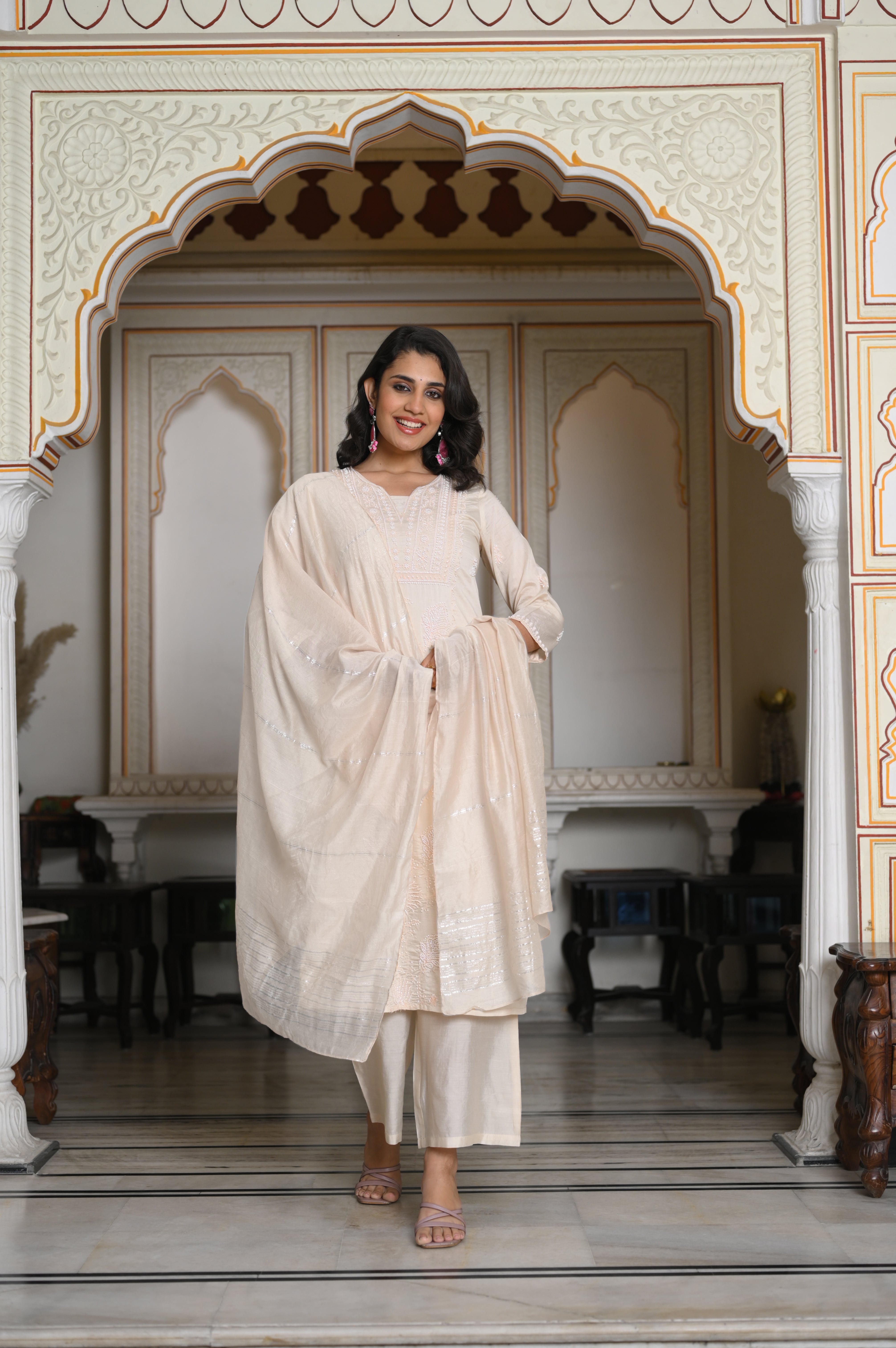 Peach Chanderi Kurta-Pant & Dupatta Set with Bead & Floral Thread Work