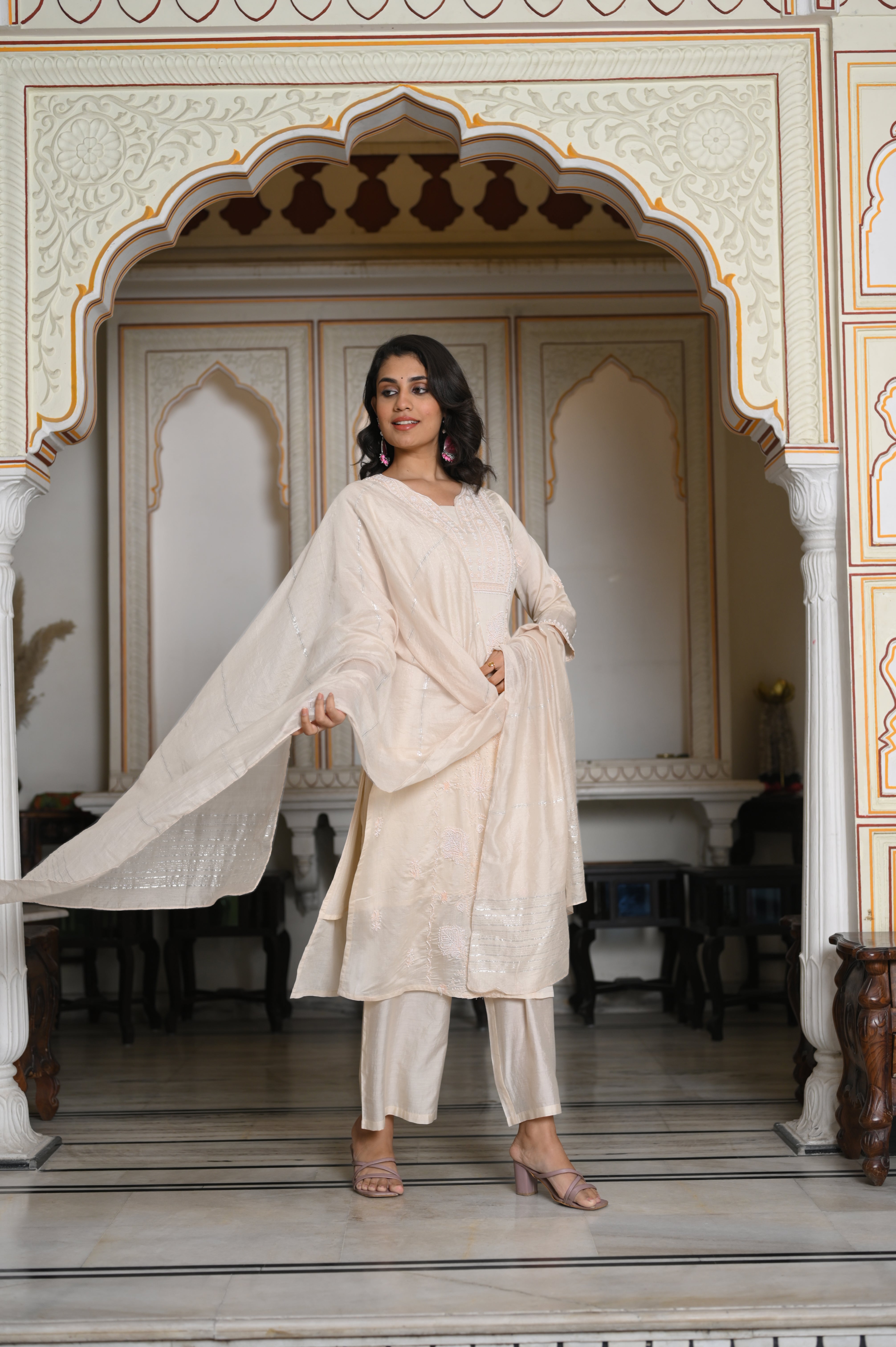 Peach Chanderi Kurta-Pant & Dupatta Set with Bead & Floral Thread Work