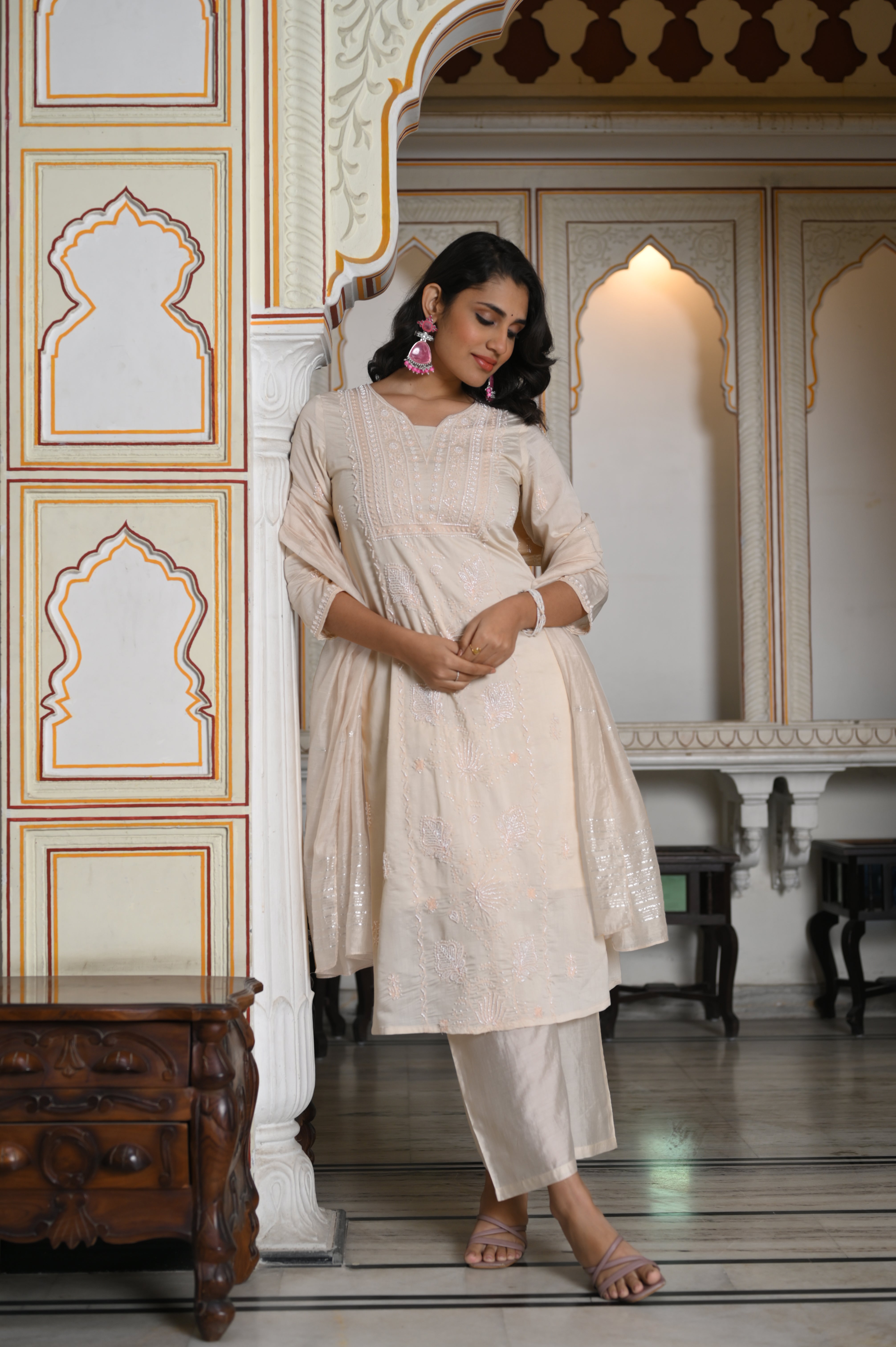 Peach Chanderi Kurta-Pant & Dupatta Set with Bead & Floral Thread Work