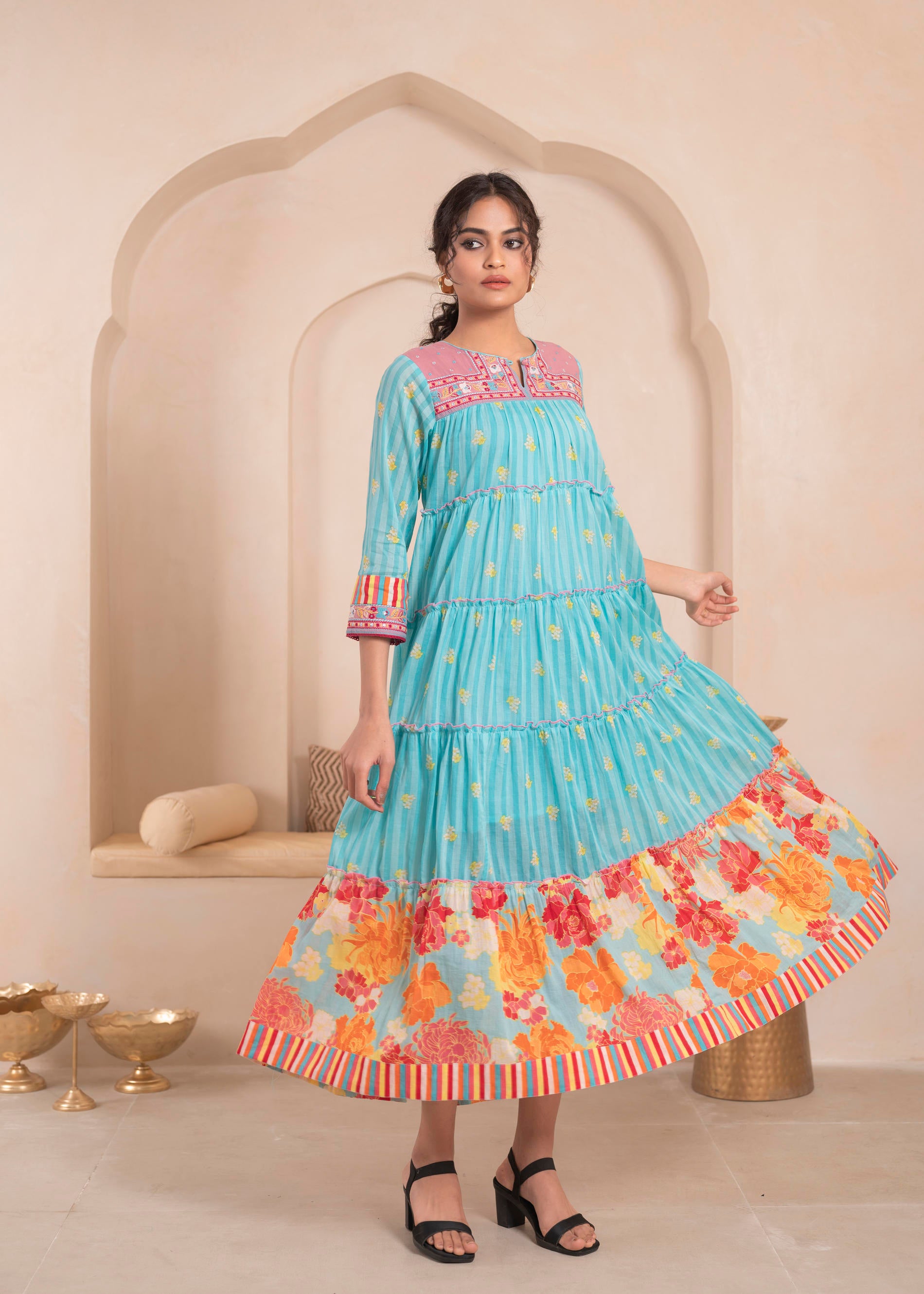 Skyblue Flared Panelled Dress with Printed Floral Hem and Yoke Embroidery