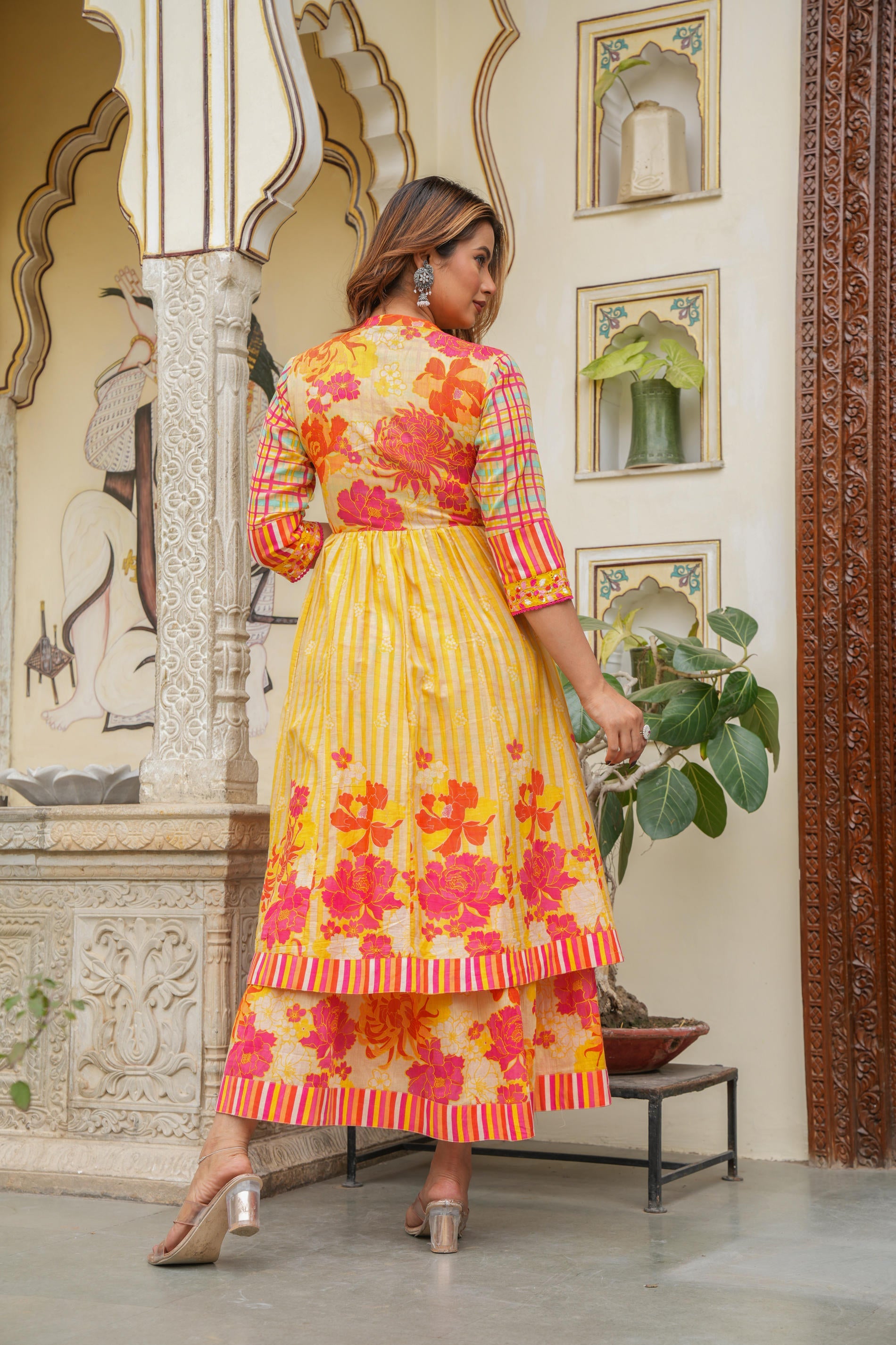 Mustard Layered Flared Dress With Inner with Sequins, Mirror Work, Dori, tassels.
