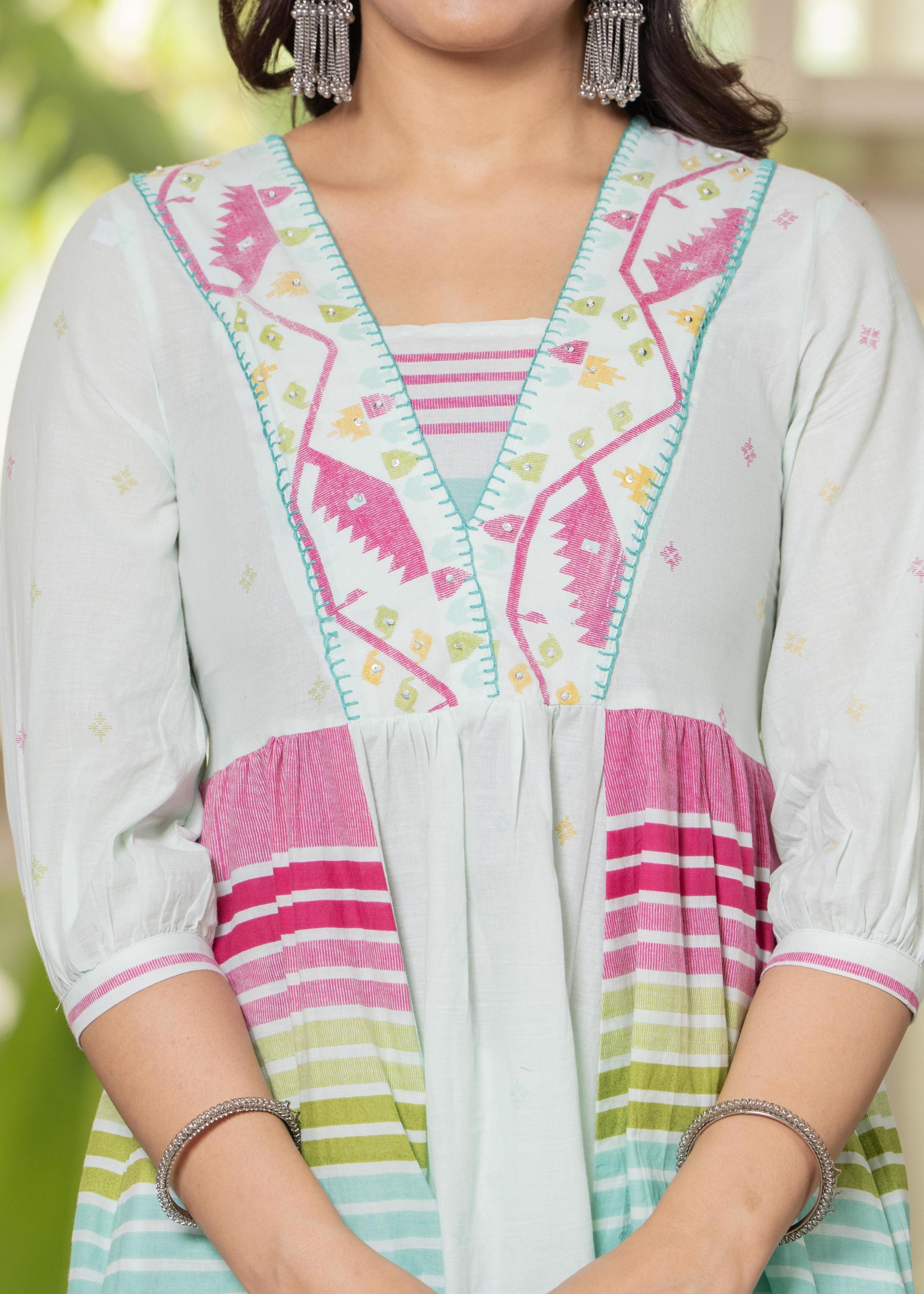 Pista Green Striped Kurta Set with Tribal Print Detailing and Dupatta