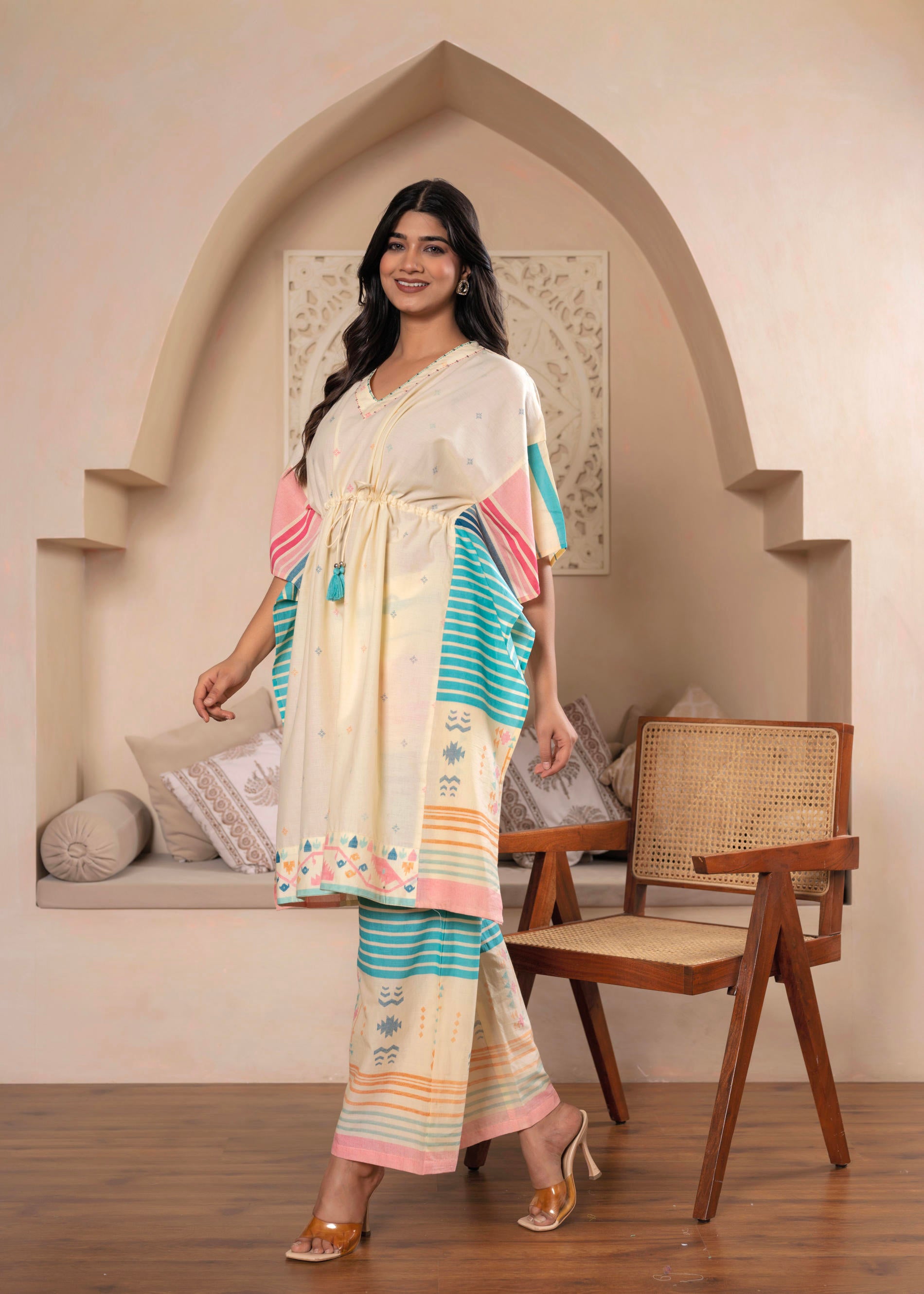 Ivory Printed Kaftan-Style Kurta Set with Drawstring Waist and Tribal Pastel Print