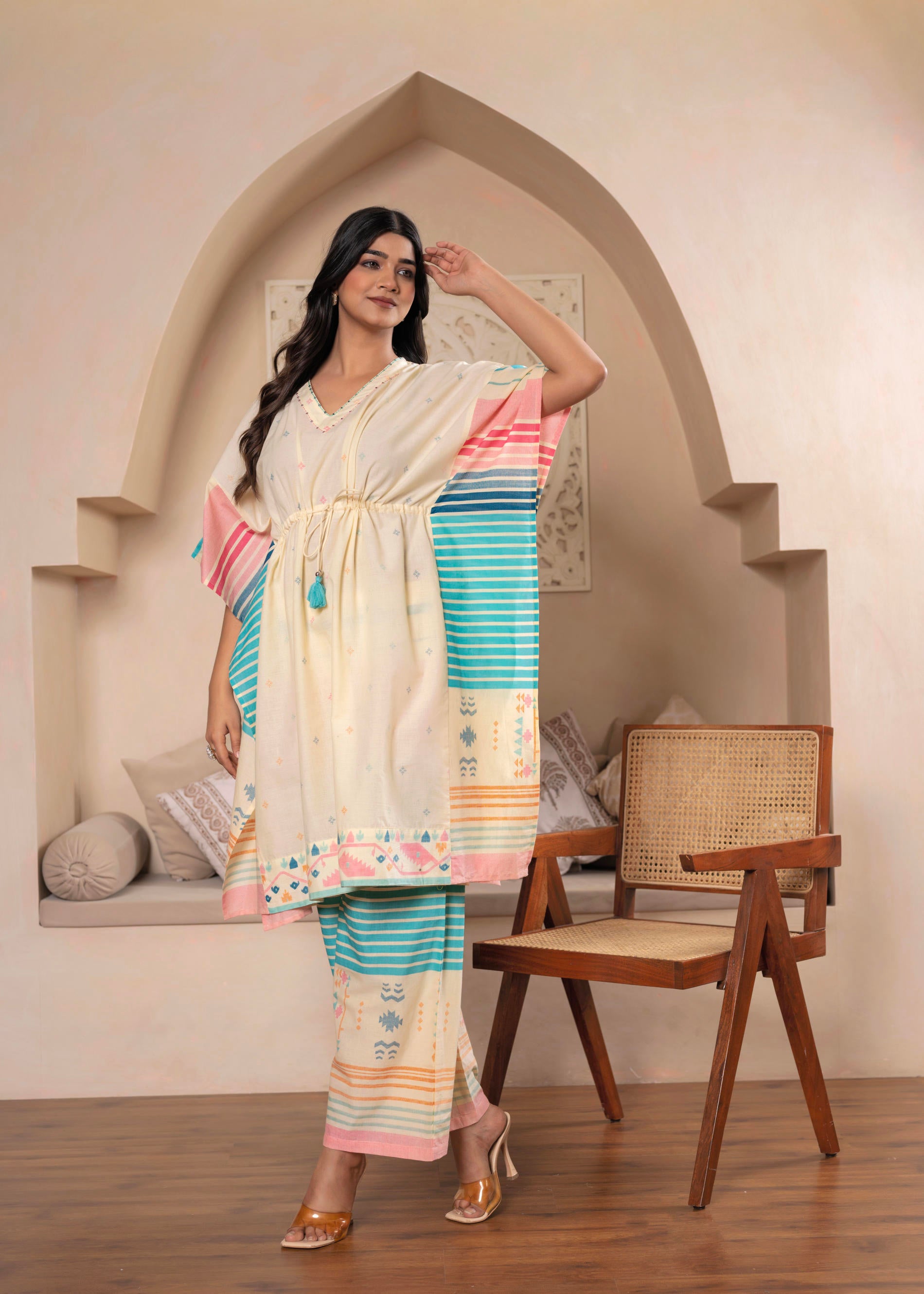 Ivory Printed Kaftan-Style Kurta Set with Drawstring Waist and Tribal Pastel Print