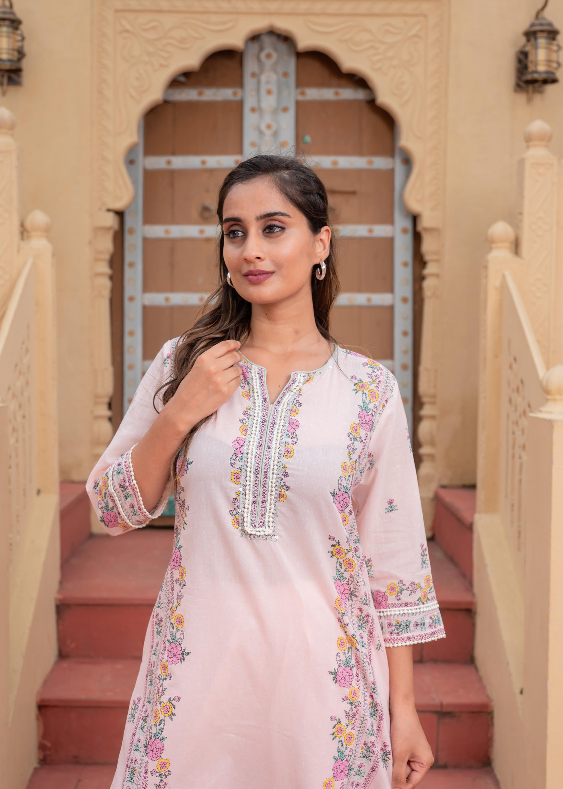 Soft Pastel Floral Printed Onion Pink Kurti Set