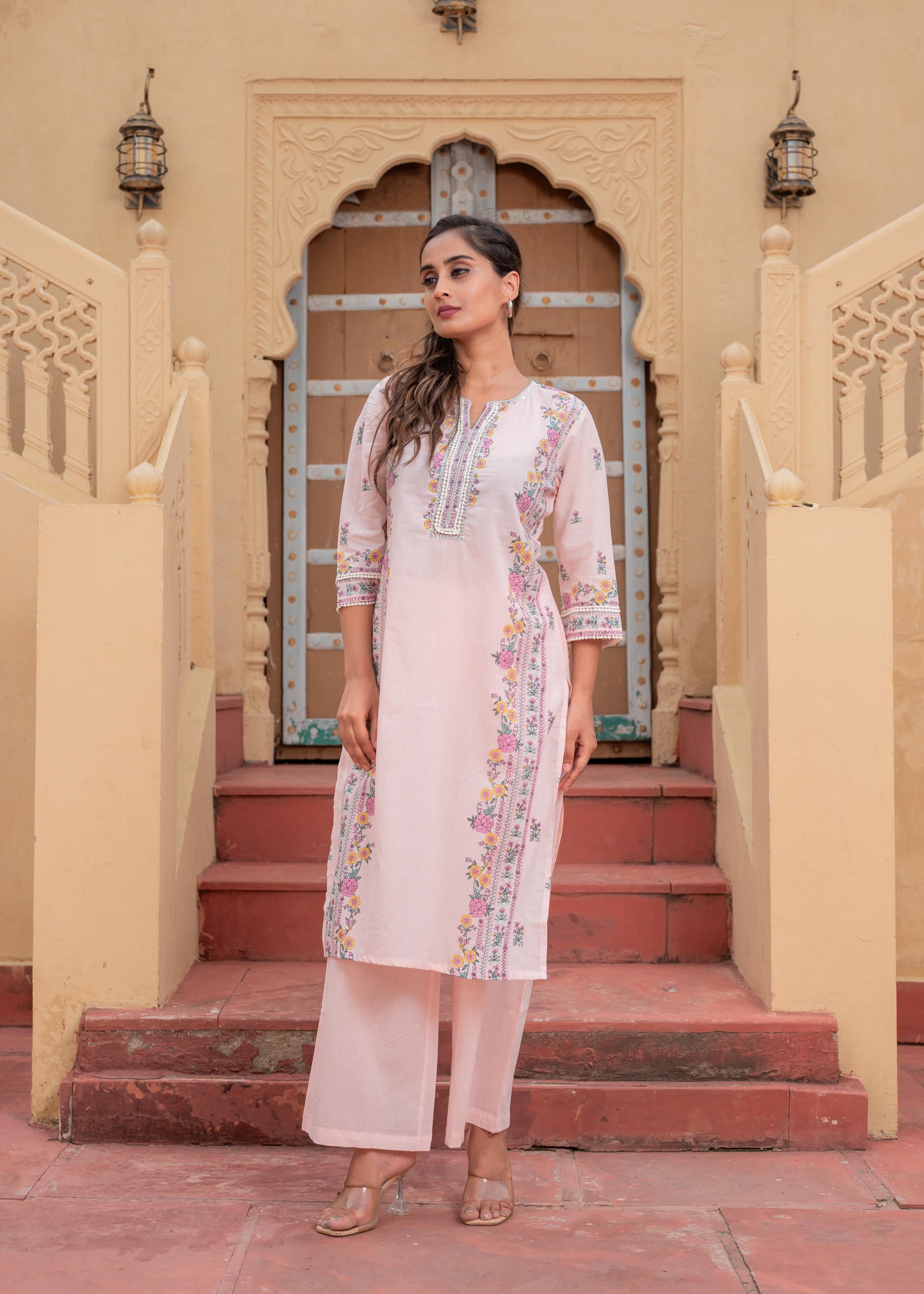 Soft Pastel Floral Printed Onion Pink Kurti Set