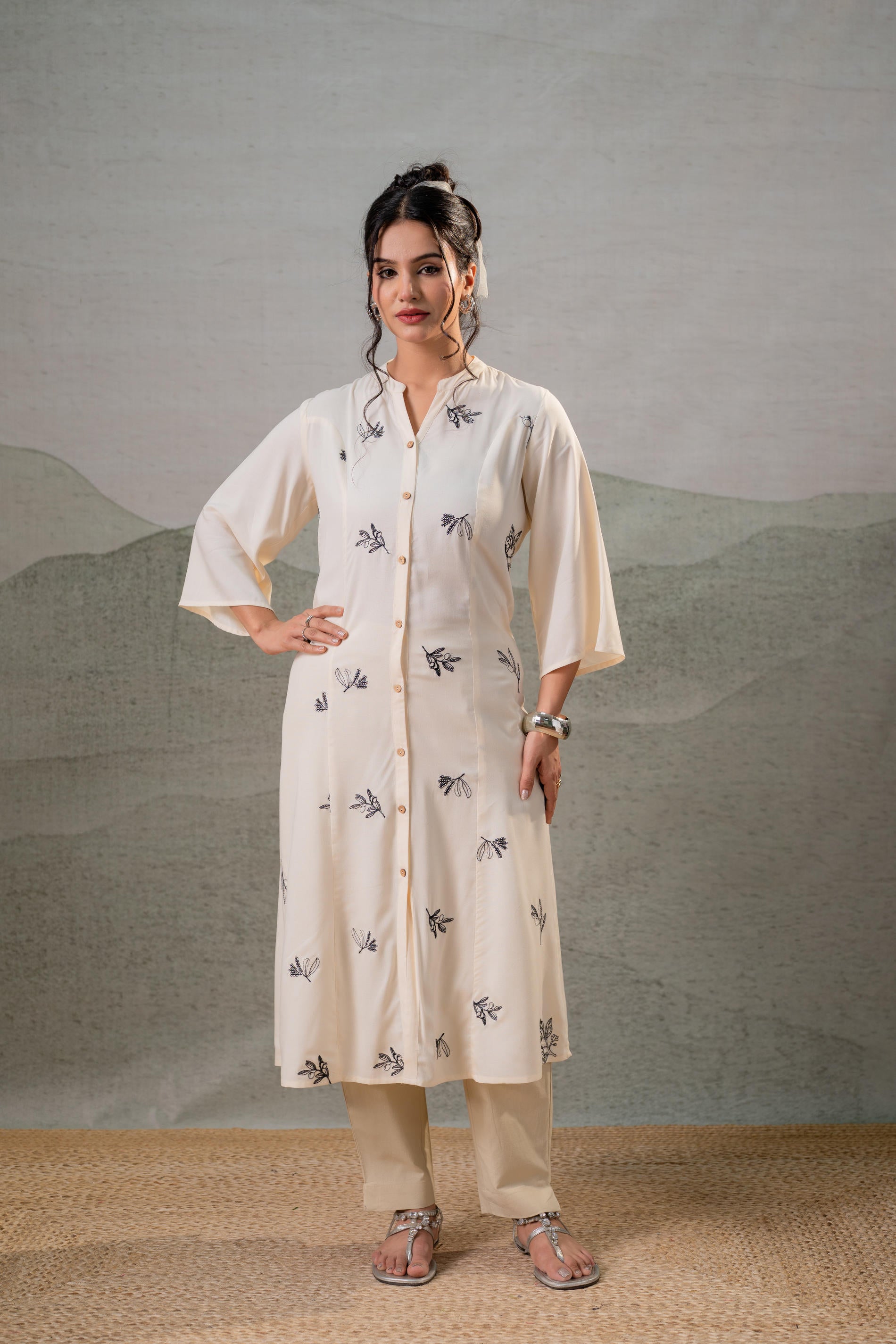 Beige Whisper Motif Embroidered Straight Kurta