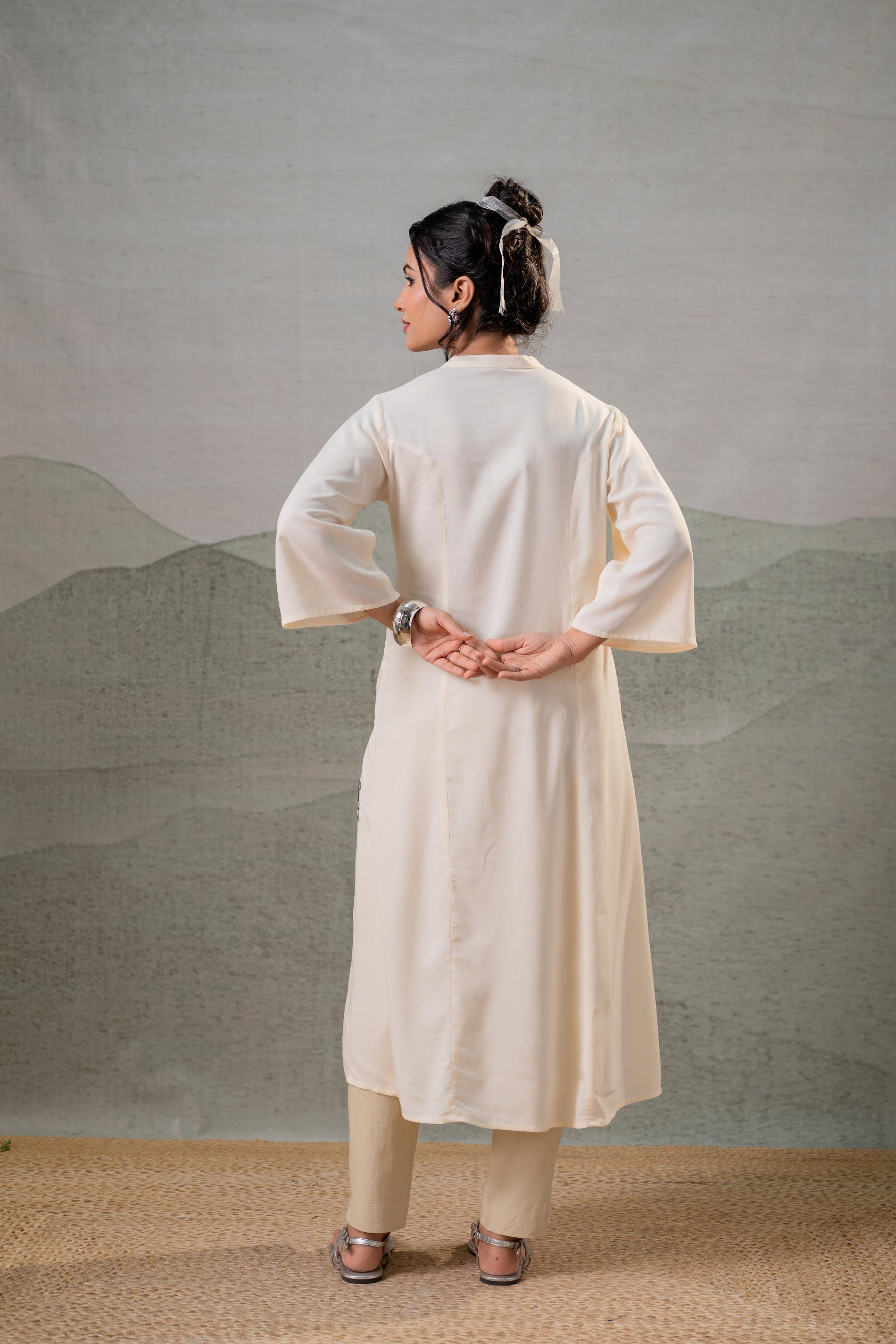 Beige Whisper Motif Embroidered Straight Kurta