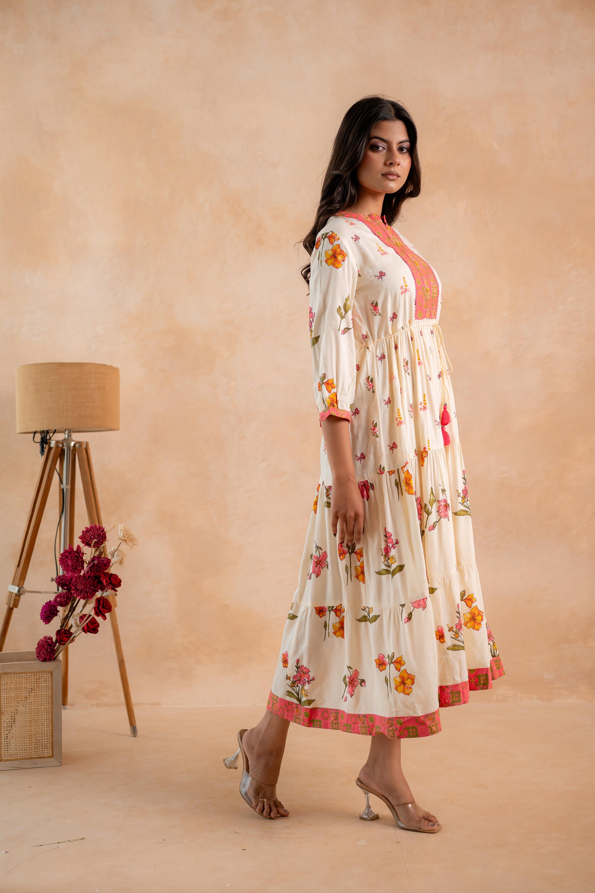 Beige Gulnaar Floral Yoke Dress