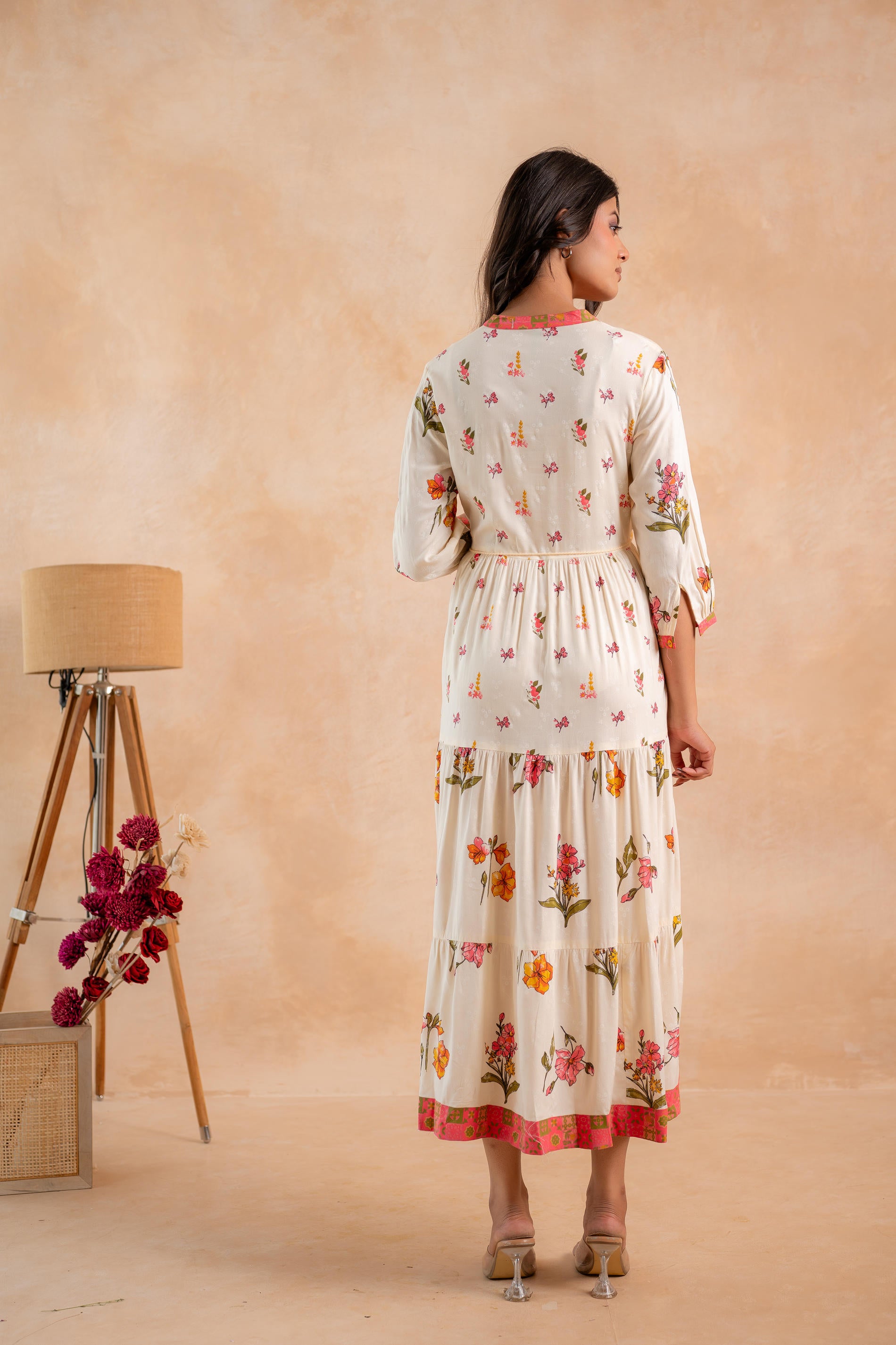 Beige Gulnaar Floral Yoke Dress