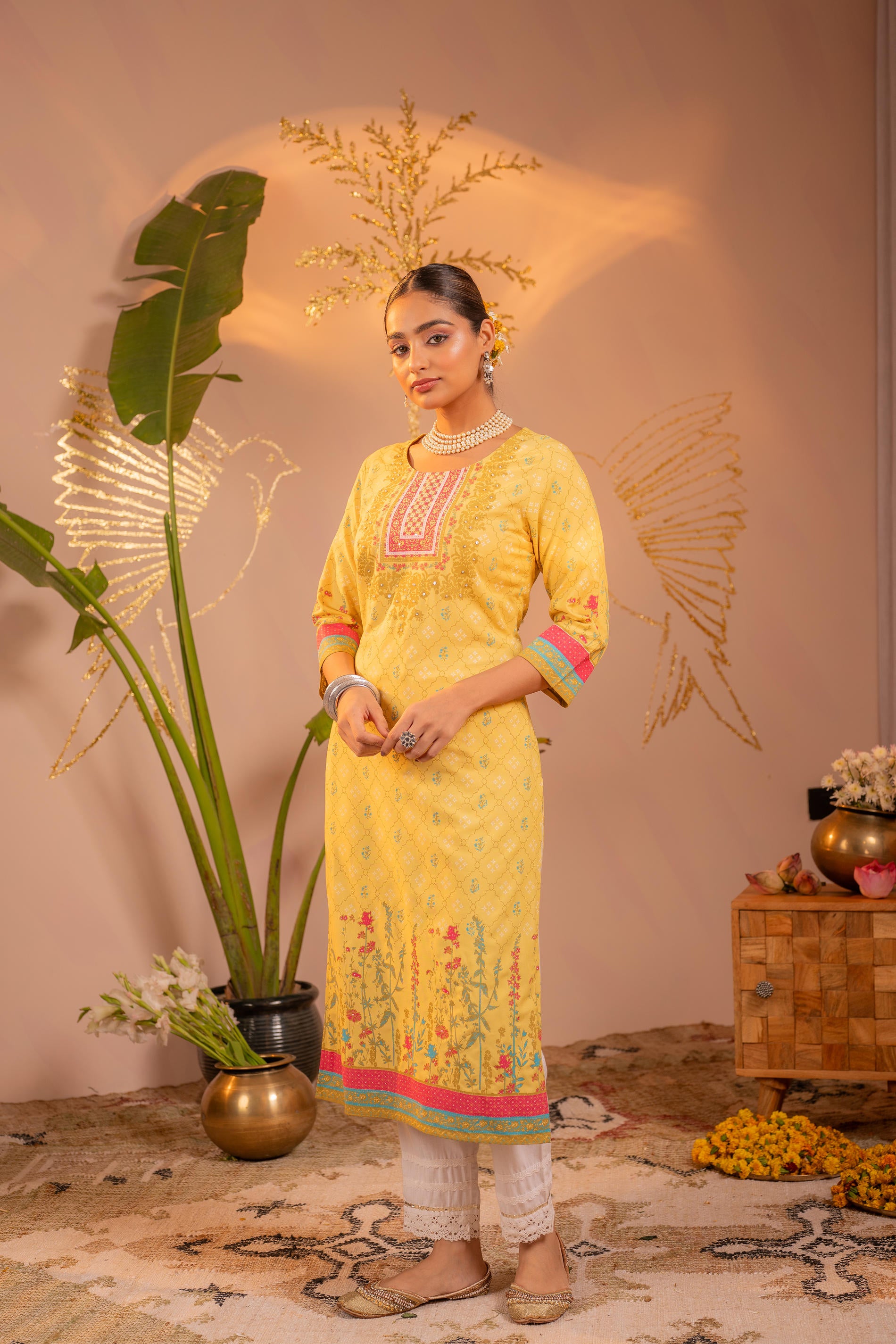 Yellow Floral Printed Viscose Kurta