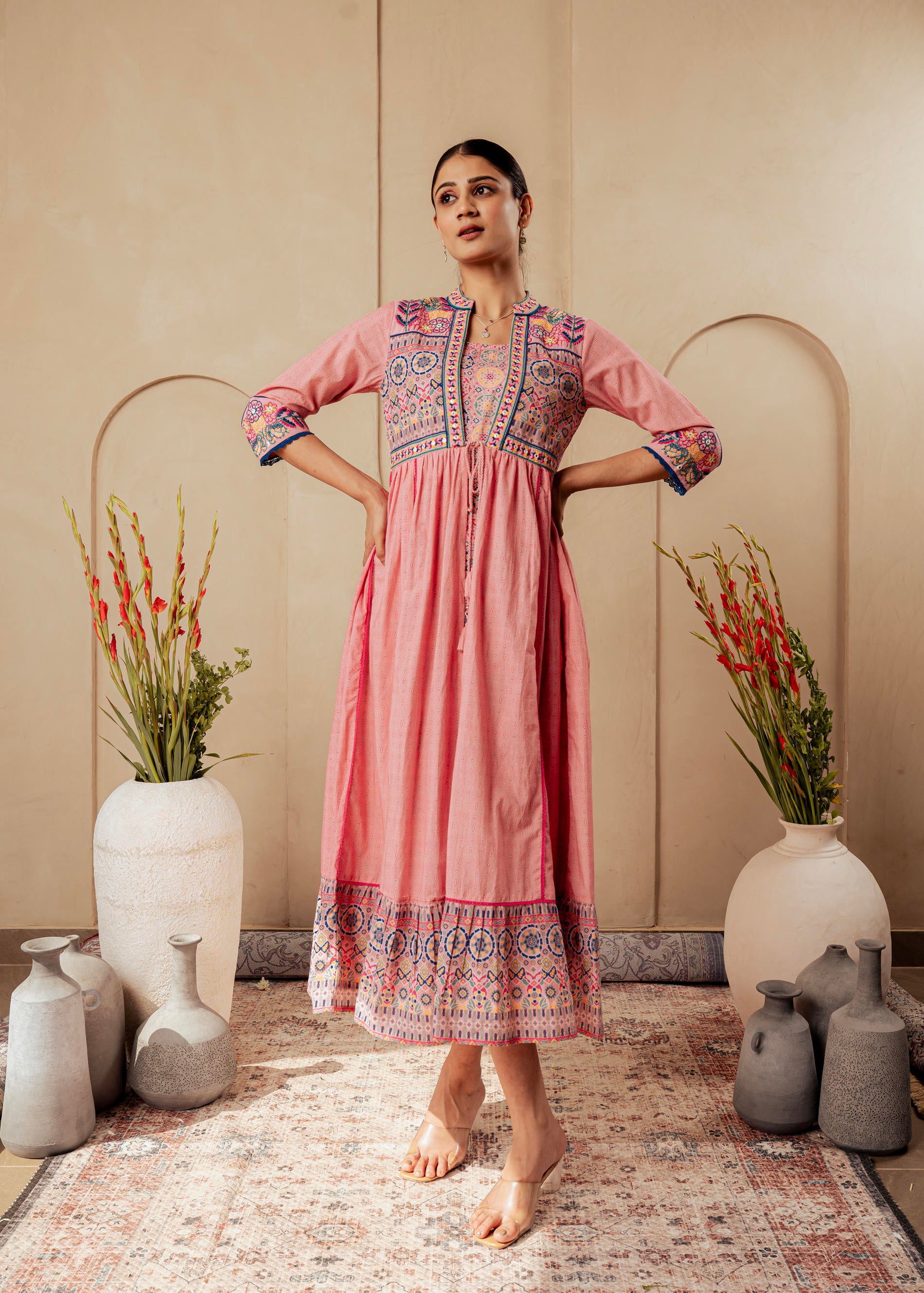 Onion Pink Embroidered Flared Midi Dress with Ethnic Motifs